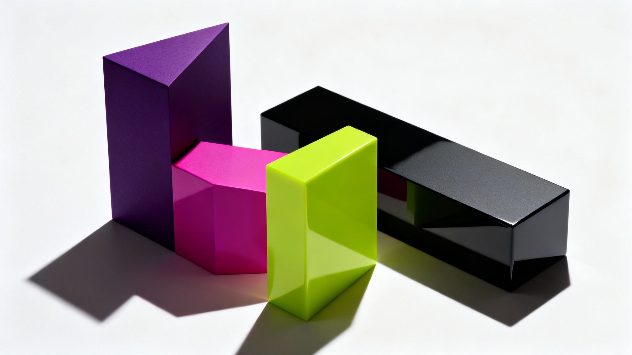 A collection of abstract geometric objects on a white background, showcasing a wicked color scheme of plum purple, fuchsia pink, neon green, and charcoal black.