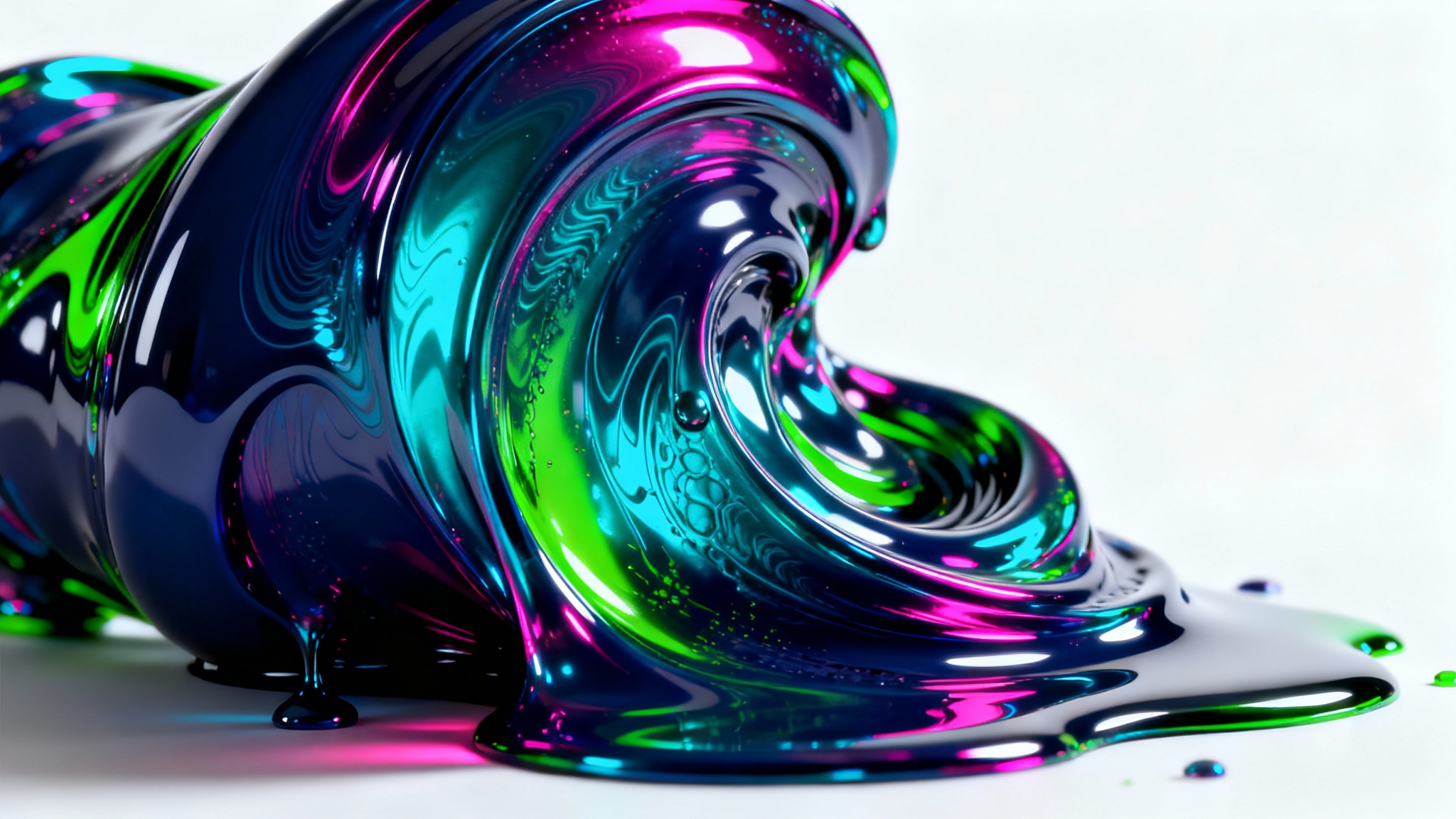 An abstract, swirling form showcasing a wicked color scheme of deep purple, vibrant magenta, and electric cyan, set against a clean white background.
