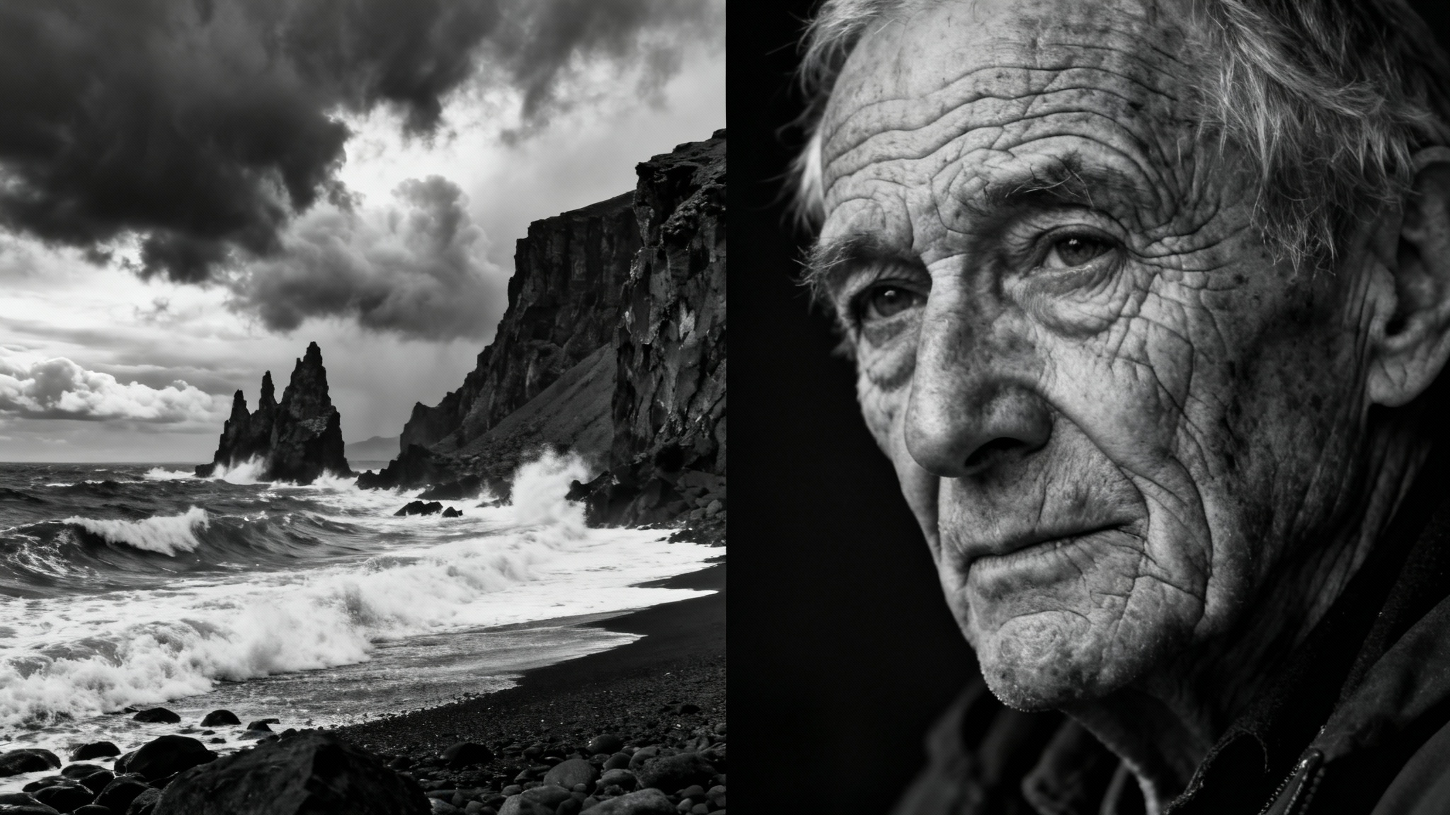 An eye-catching, high-contrast black and white image demonstrating a desaturation effect, split between a dramatic coastal landscape and an emotional portrait of a man.