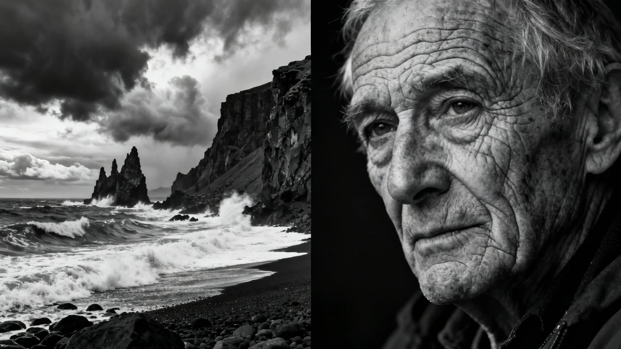 An eye-catching, high-contrast black and white image demonstrating a desaturation effect, split between a dramatic coastal landscape and an emotional portrait of a man.