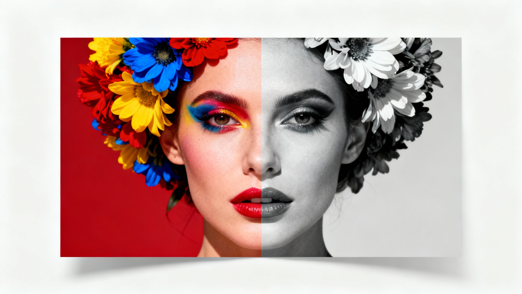 A split-screen image demonstrating desaturation. The left side shows a colorful portrait of a woman, and the right side shows the same portrait in black and white.