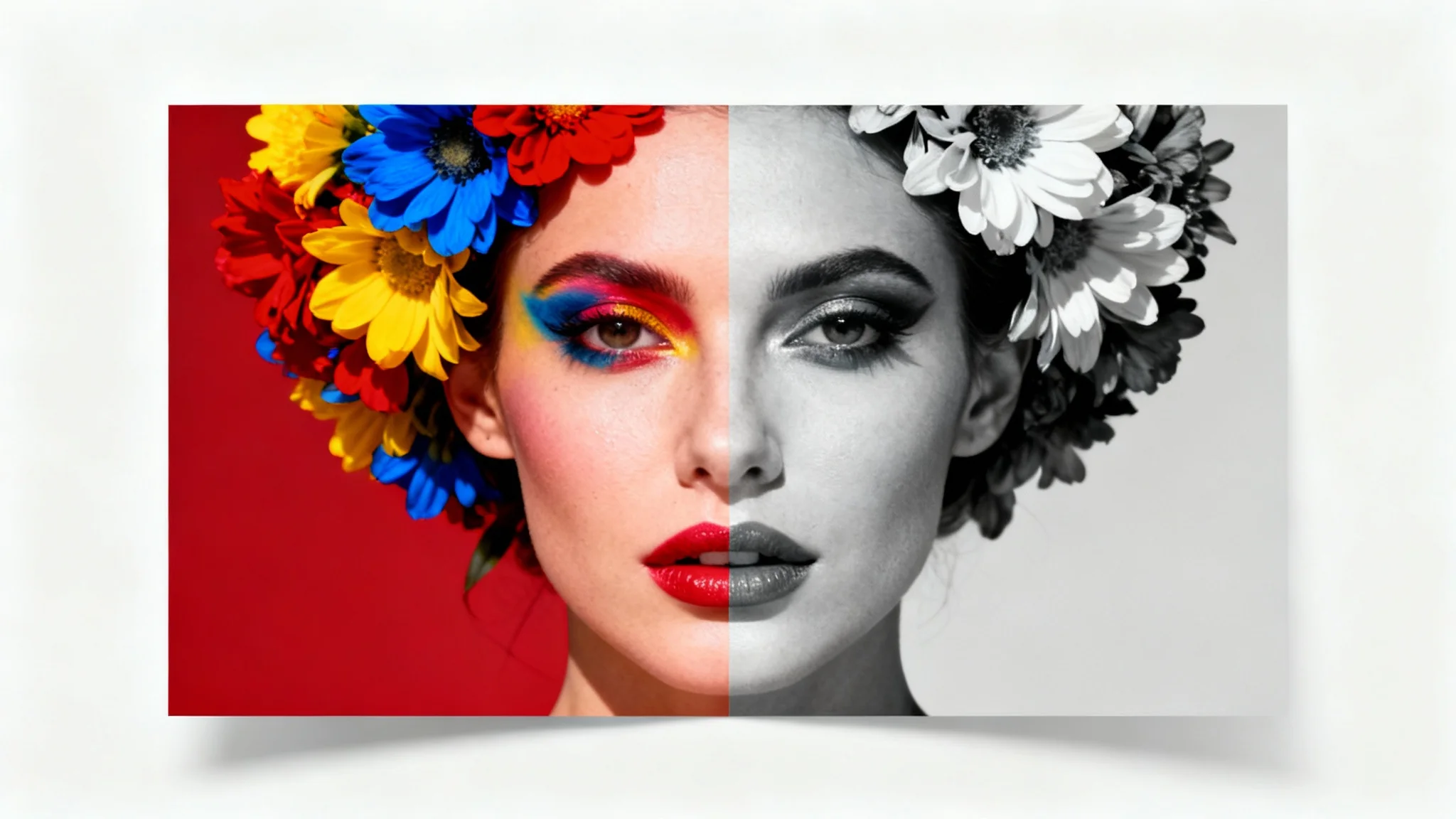 A split-screen image demonstrating desaturation. The left side shows a colorful portrait of a woman, and the right side shows the same portrait in black and white.