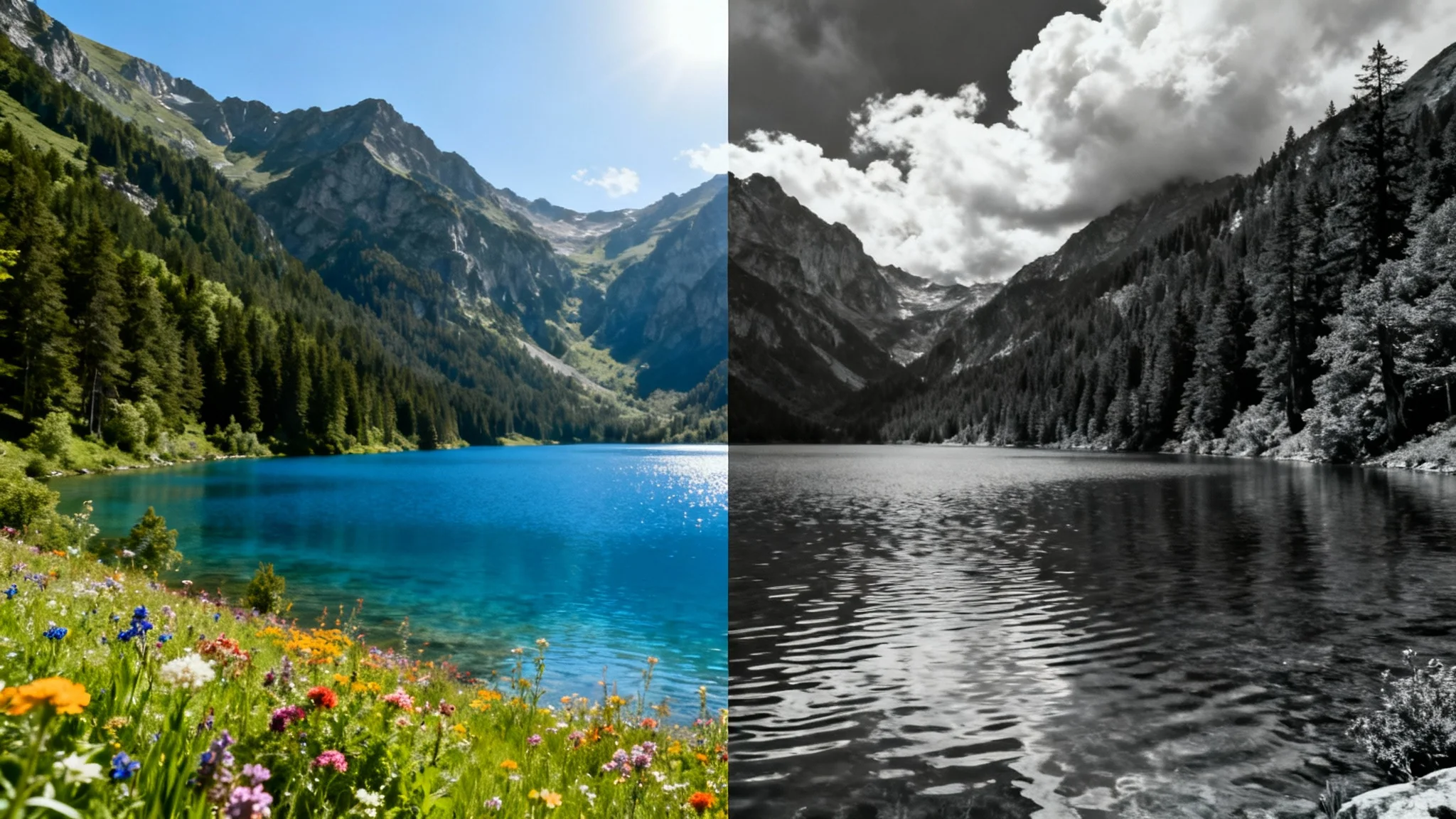 A split-screen image demonstrating a desaturation effect. The left side shows a vibrant, colorful mountain landscape, and the right side shows the same scene in dramatic black and white.