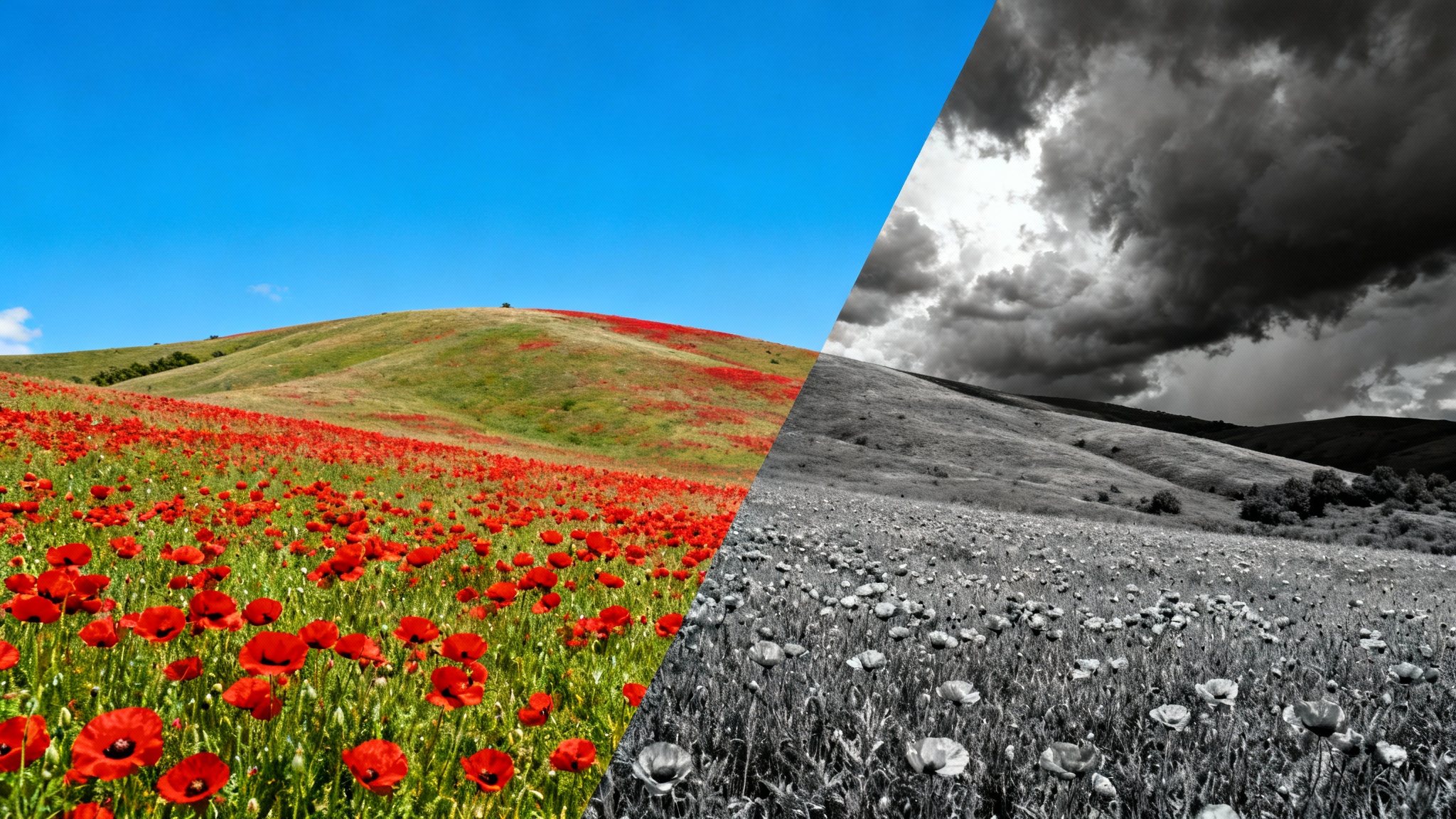 A landscape photo of a poppy field, split diagonally to show the effect of desaturation. One half is in vibrant color, and the other is in black and white.