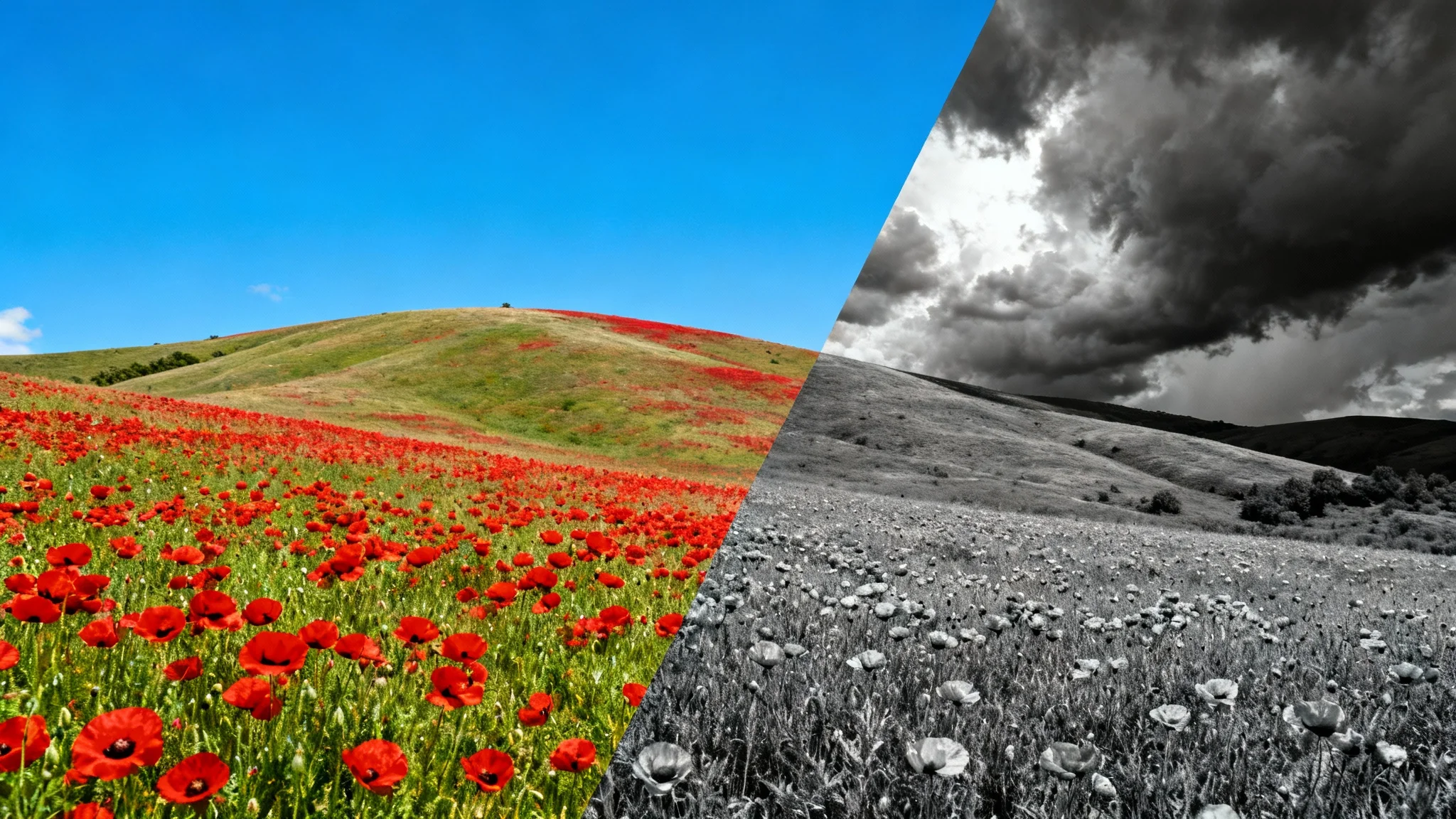 A landscape photo of a poppy field, split diagonally to show the effect of desaturation. One half is in vibrant color, and the other is in black and white.