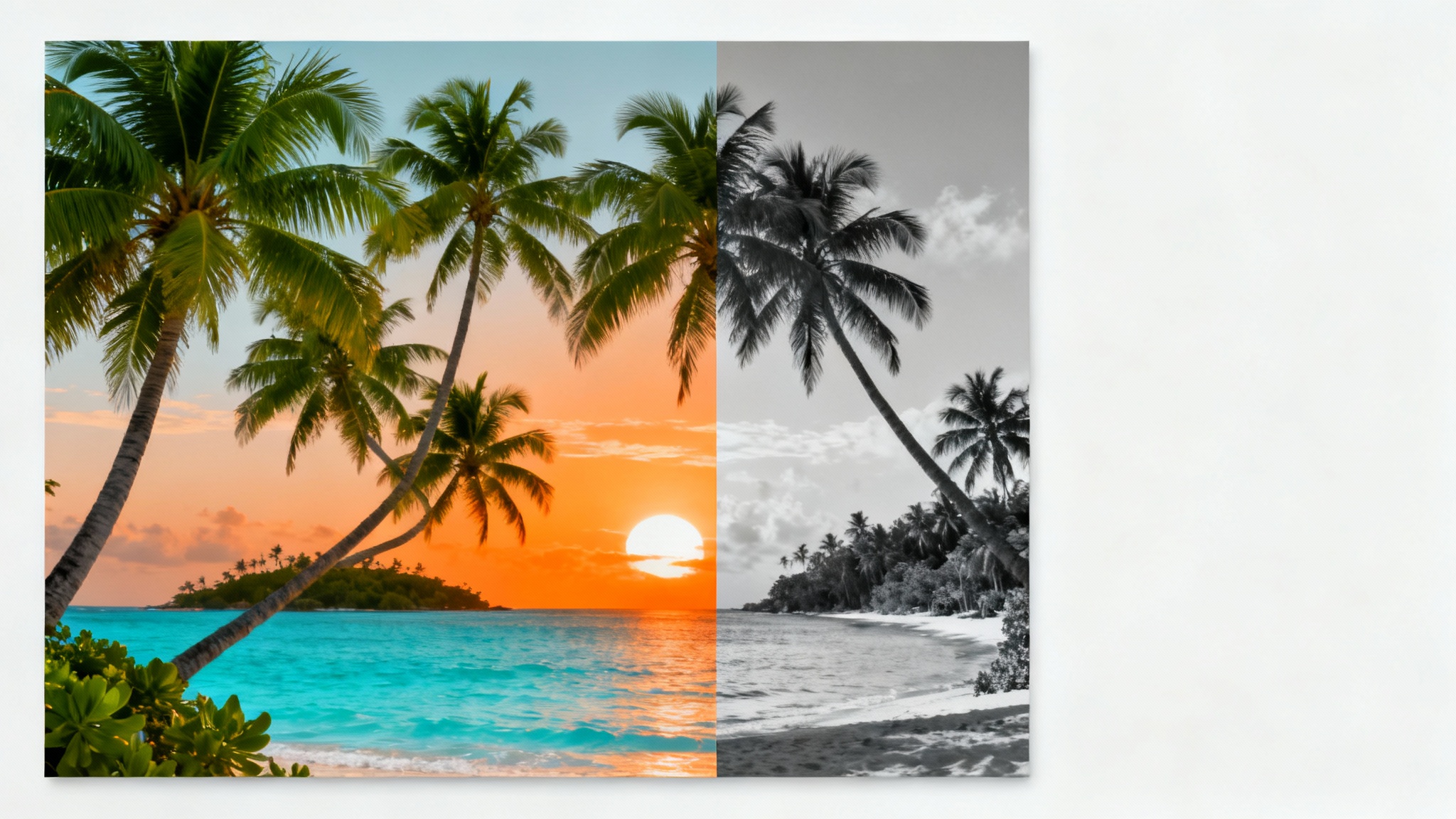 An image of a tropical beach split down the middle, with the left side in vibrant color and the right side in black and white, demonstrating a desaturation effect.