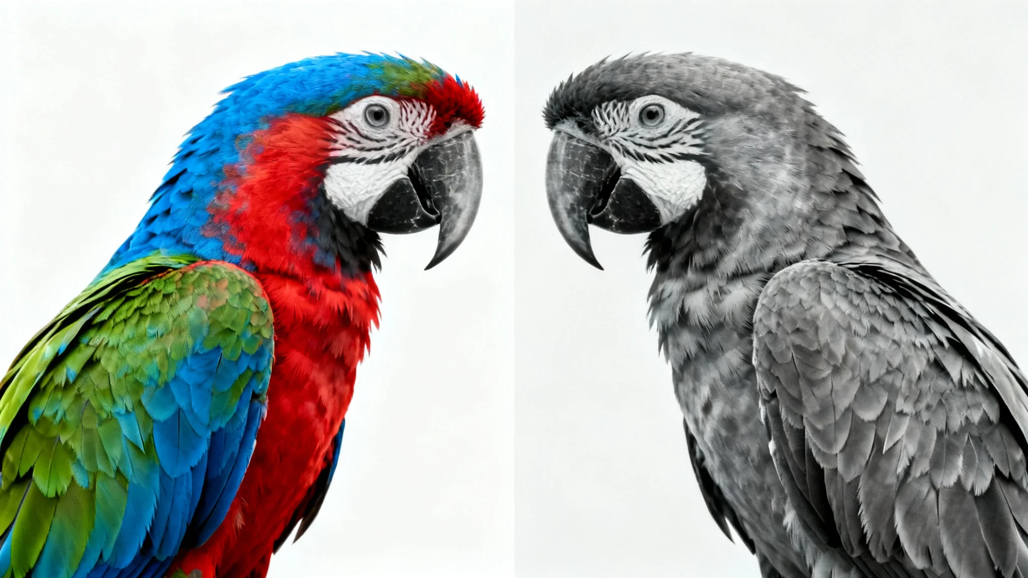 A photograph of a colorful parrot, split down the middle. The left side shows the parrot in its vibrant natural colors, while the right side shows the same parrot in black and white, demonstrating an image desaturation effect.