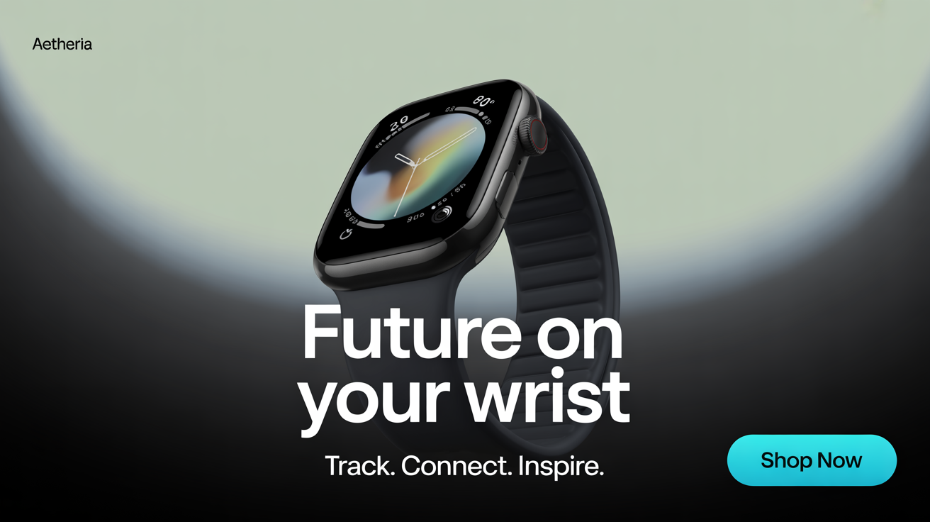 A sleek 16:9 advertising banner for a modern black smartwatch. The headline says 'Future on Your Wrist' with a 'Shop Now' call-to-action button, all on a clean gray background.