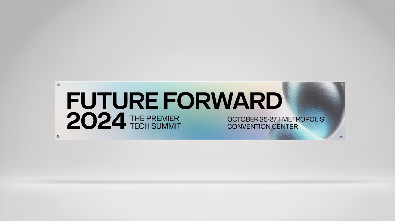 An advertising banner mockup for a tech conference called 'Future Forward 2024', featuring a modern blue and silver design with event details, set against a white background.