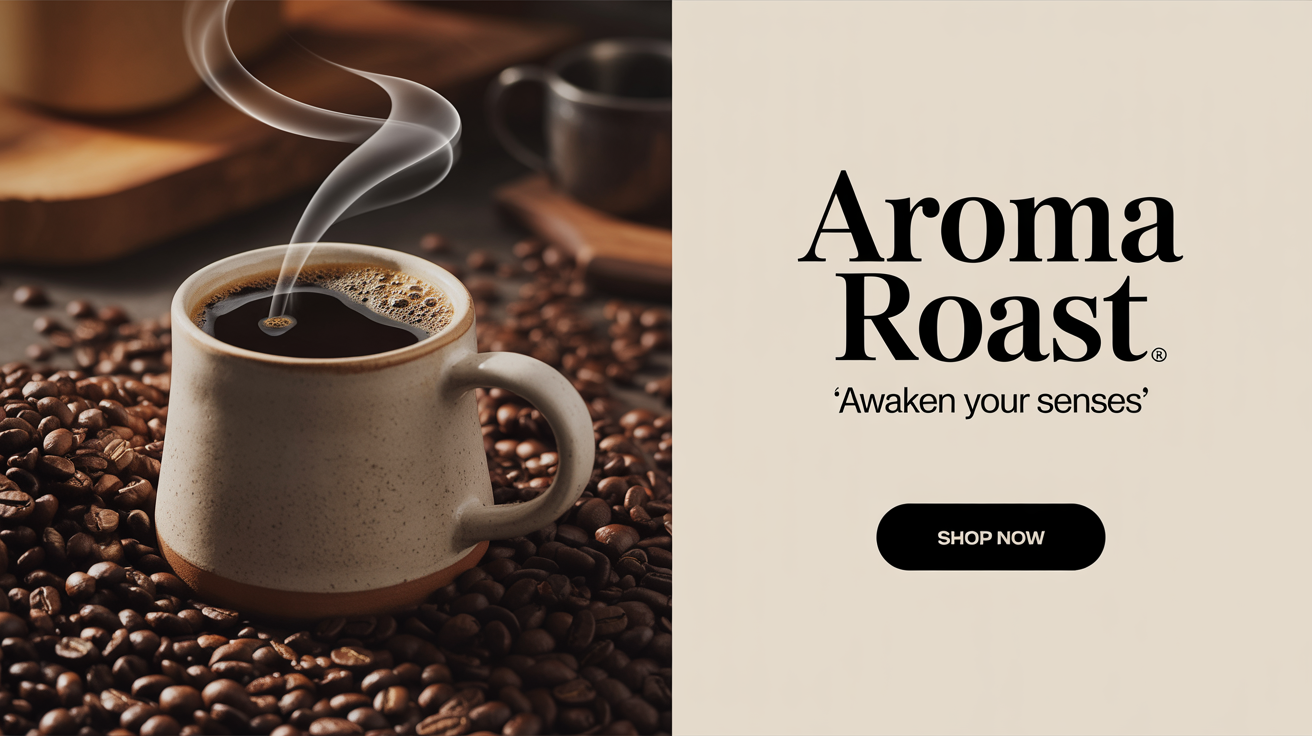 A sleek advertising banner mockup for 'Aroma Roast' coffee, showing a cup of hot coffee and the text 'Aroma Roast - Awaken Your Senses' on a dark brown background, presented against a white backdrop.