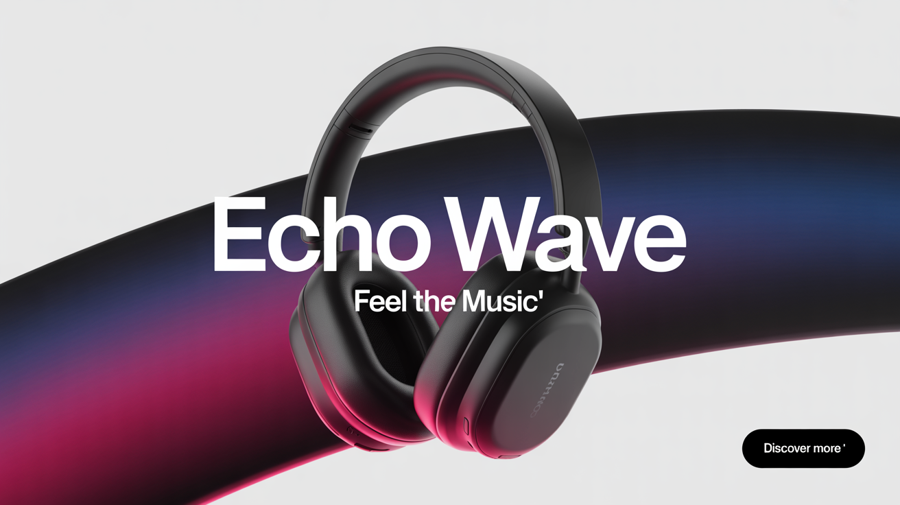 A modern advertising banner for a fictional product called 'Echo Wave'. The banner shows a pair of sleek black wireless headphones against a blue and magenta gradient, with the text 'Echo Wave, Feel The Music, Discover More'.