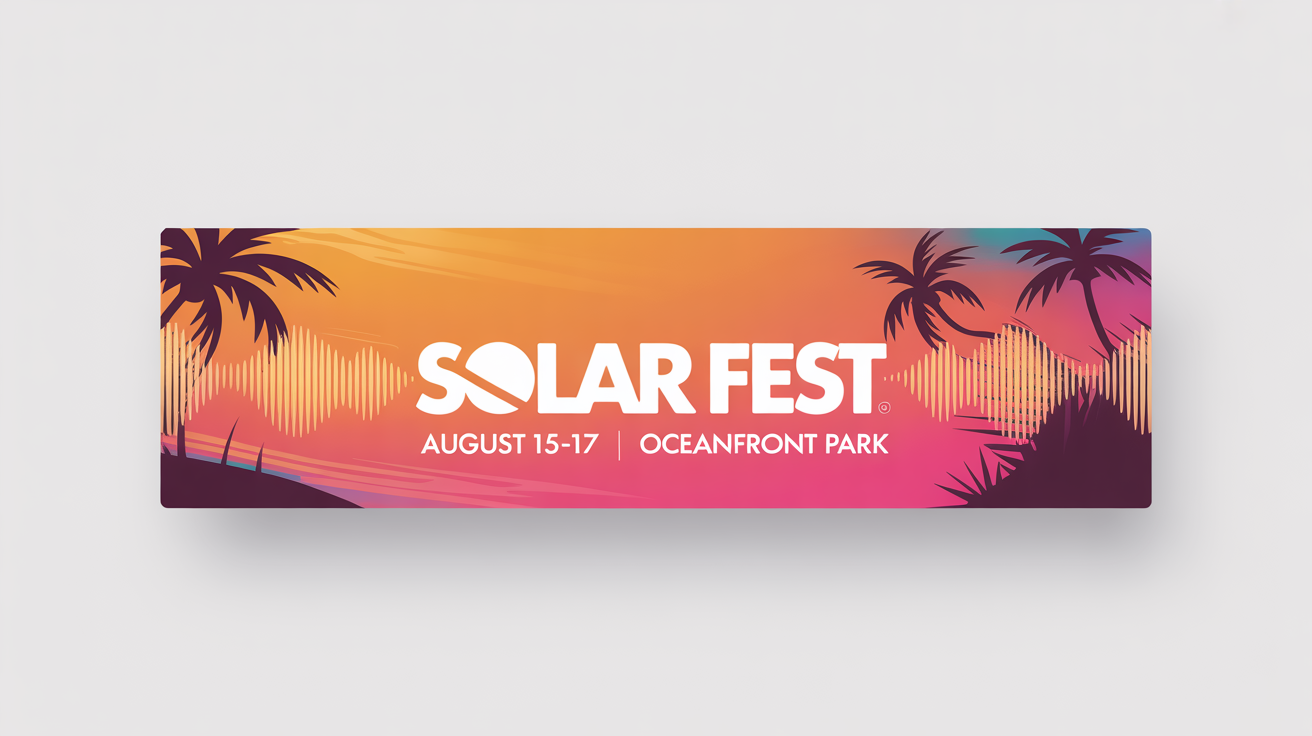 A mockup of a modern advertising banner for a music festival called 'SOLAR FEST', showing event dates and location against a vibrant sunset-colored background with palm tree graphics.