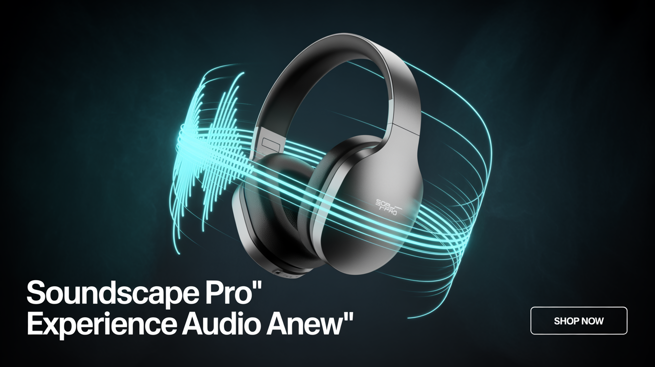 A mockup of a modern advertising banner for 'SOUNDSCAPE PRO' headphones, showing the product with dynamic light effects and a call to action, on a white background.