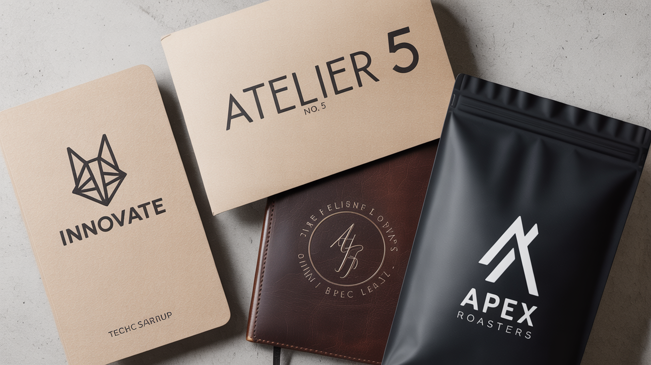 A hero image displaying three different professionally designed monochrome logos mocked up on business cards, stationery, and packaging to showcase a logo design tool's capabilities.