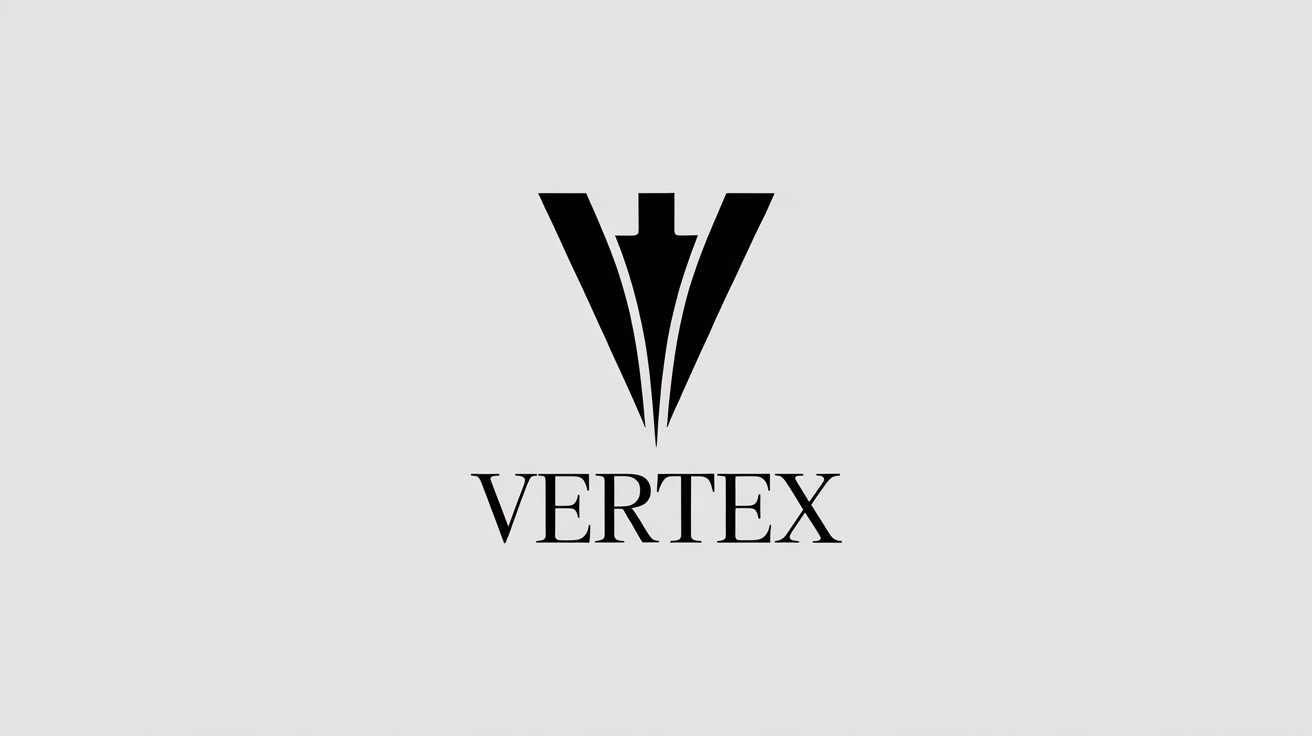 A minimalist monochrome logo for a fictional architecture firm named 'VERTEX'. The design features a geometric 'V' icon above the brand name, all in black on a white background.