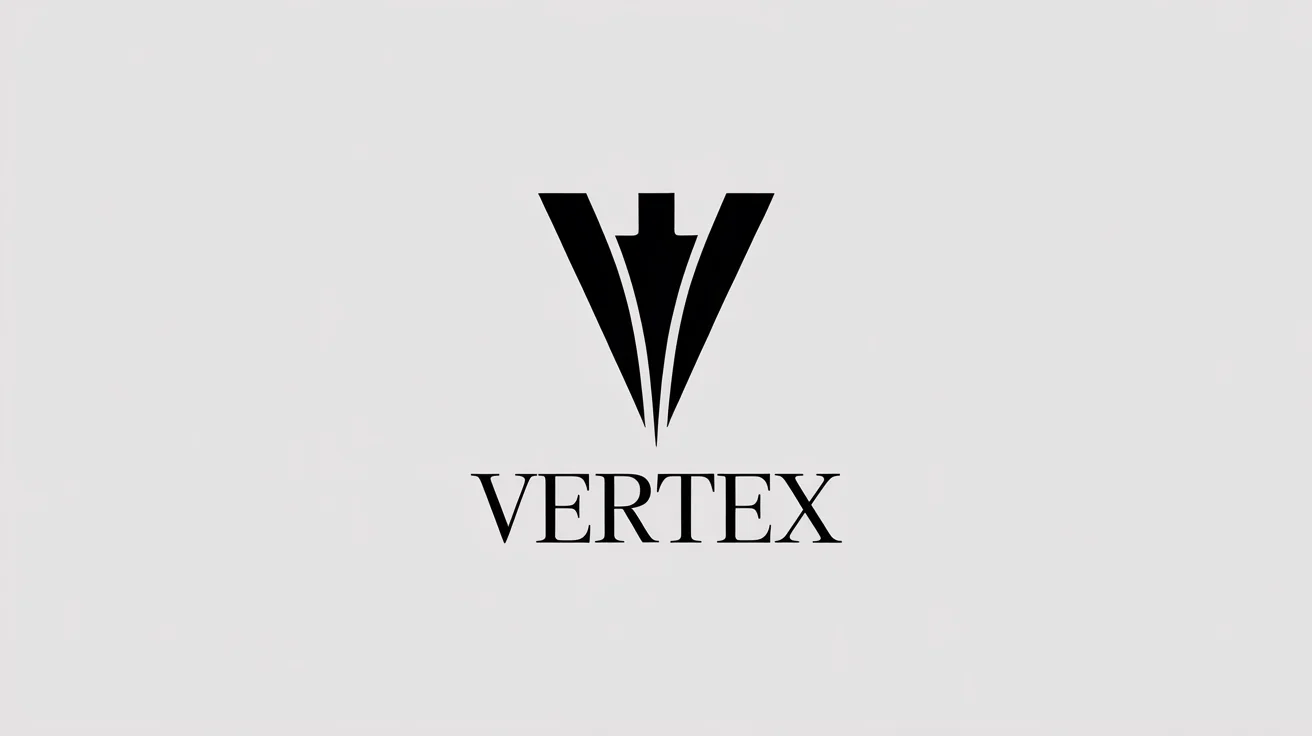 A minimalist monochrome logo for a fictional architecture firm named 'VERTEX'. The design features a geometric 'V' icon above the brand name, all in black on a white background.