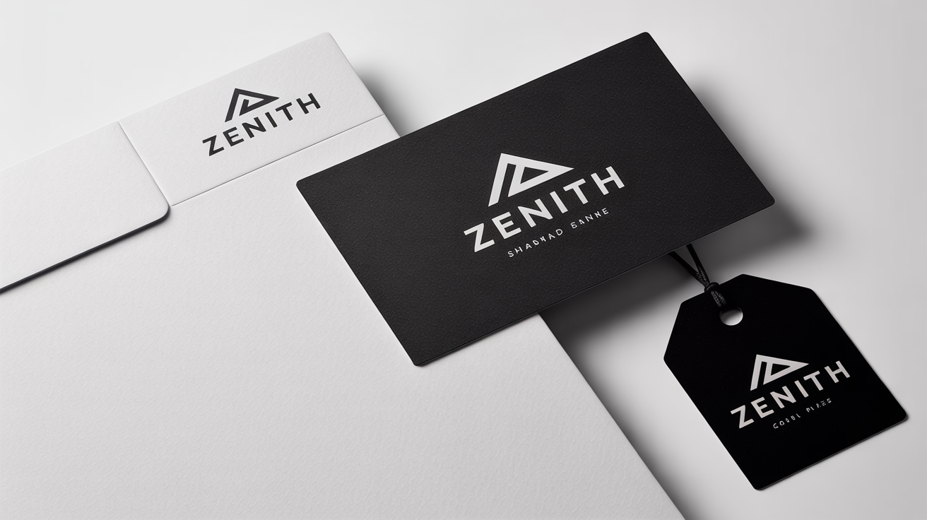 A professionally styled flat lay of monochrome branding materials on a white background. A business card and letterhead show a black geometric logo with the word 'ZENITH', while a black tag shows the same logo in white.
