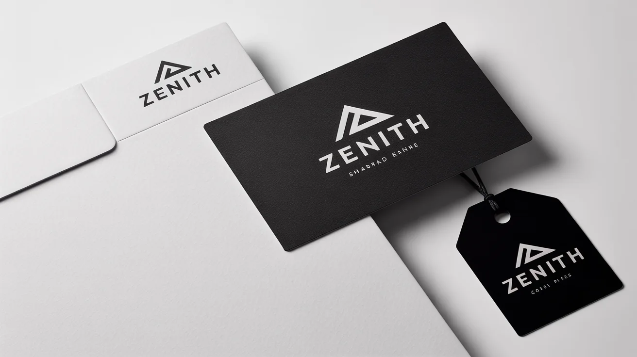 A professionally styled flat lay of monochrome branding materials on a white background. A business card and letterhead show a black geometric logo with the word 'ZENITH', while a black tag shows the same logo in white.