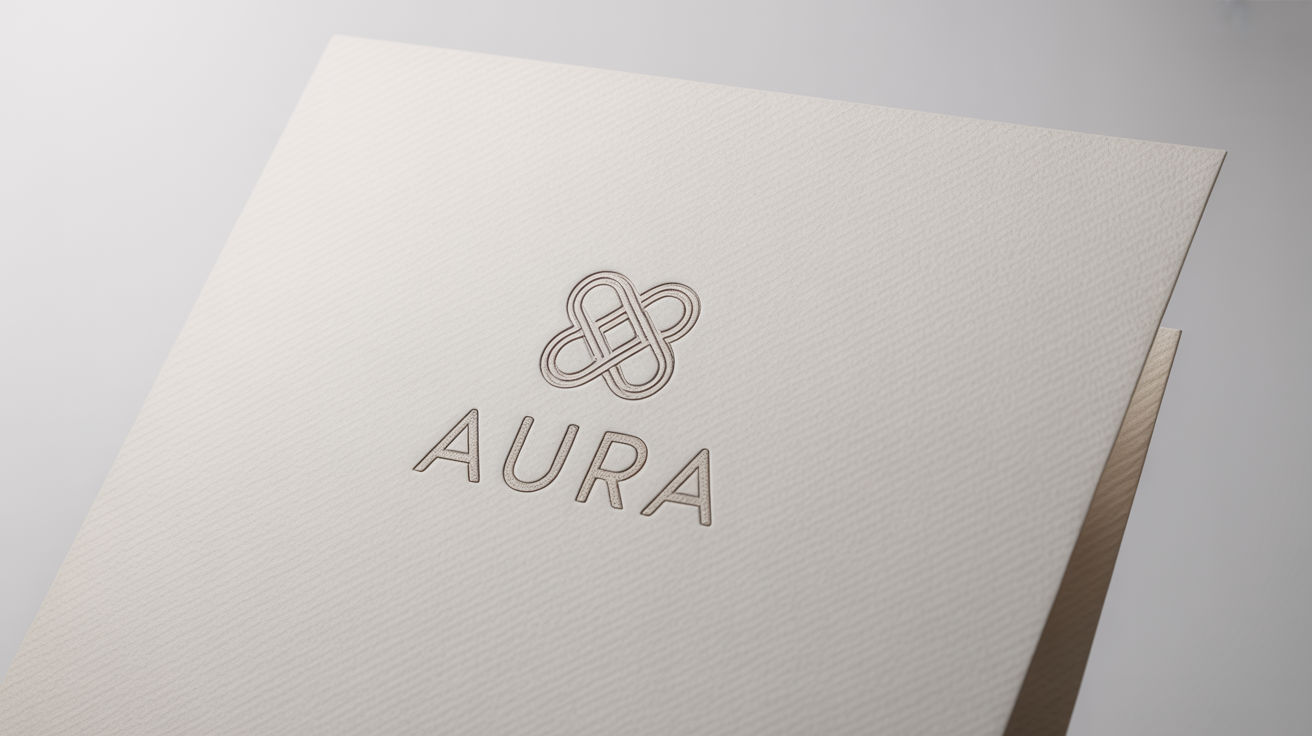 A professional mockup of a minimalist monochrome logo for the brand 'AURA', printed in black on high-quality textured white paper, set against a plain white background.
