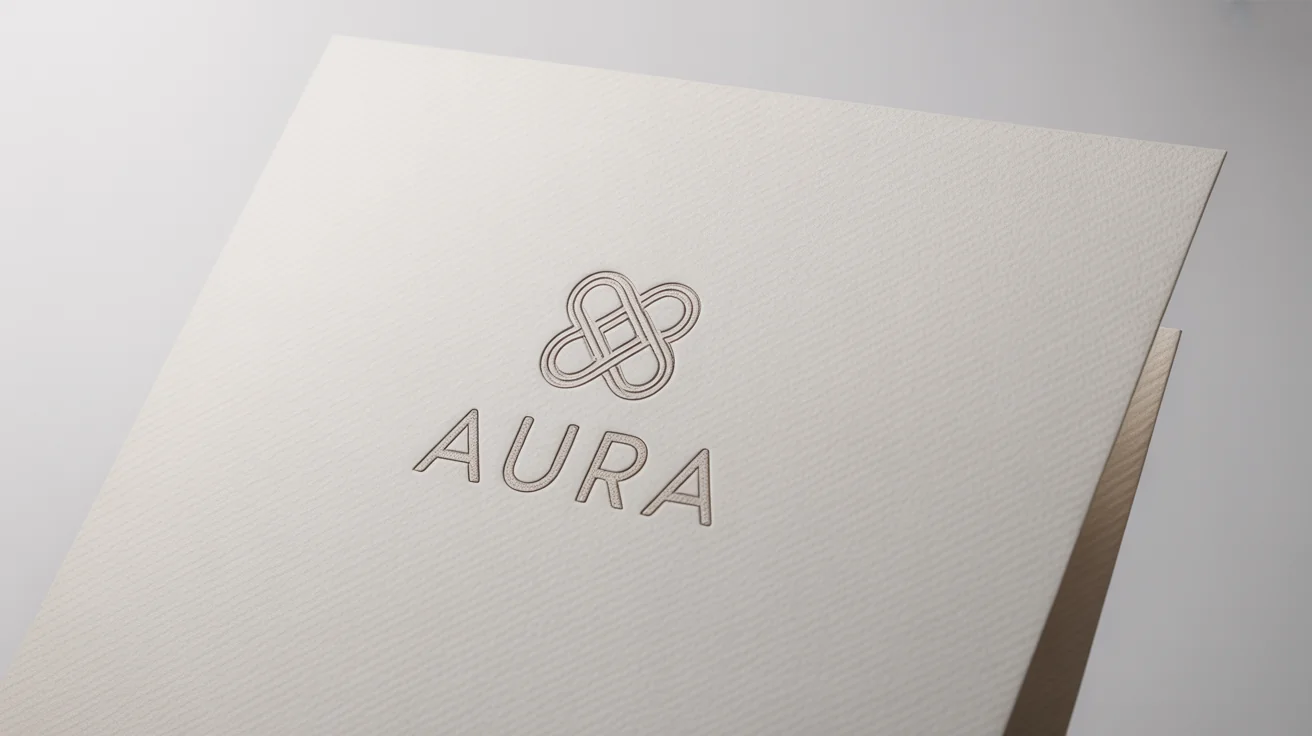 A professional mockup of a minimalist monochrome logo for the brand 'AURA', printed in black on high-quality textured white paper, set against a plain white background.