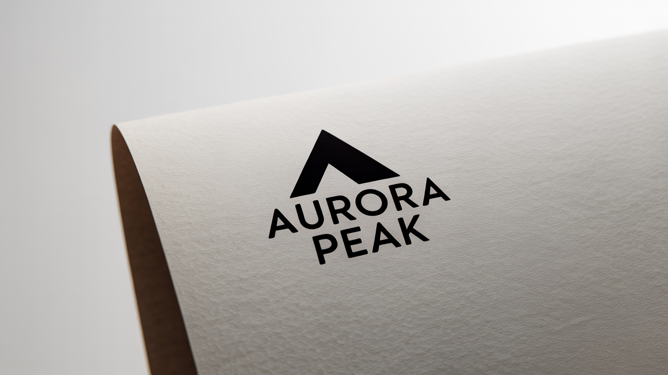 A modern, minimalist monochrome logo for 'AURORA PEAK' featuring a black geometric mountain icon, presented on a piece of premium white paper against a white background.