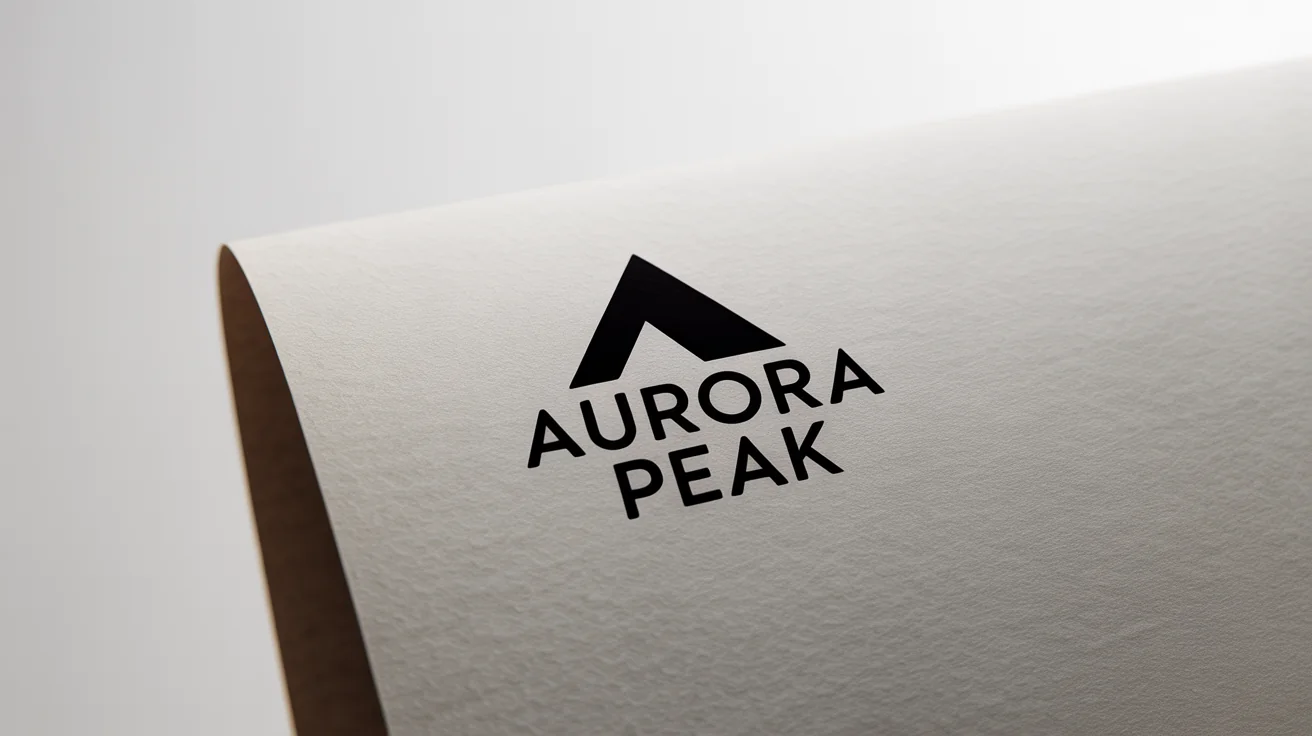A modern, minimalist monochrome logo for 'AURORA PEAK' featuring a black geometric mountain icon, presented on a piece of premium white paper against a white background.