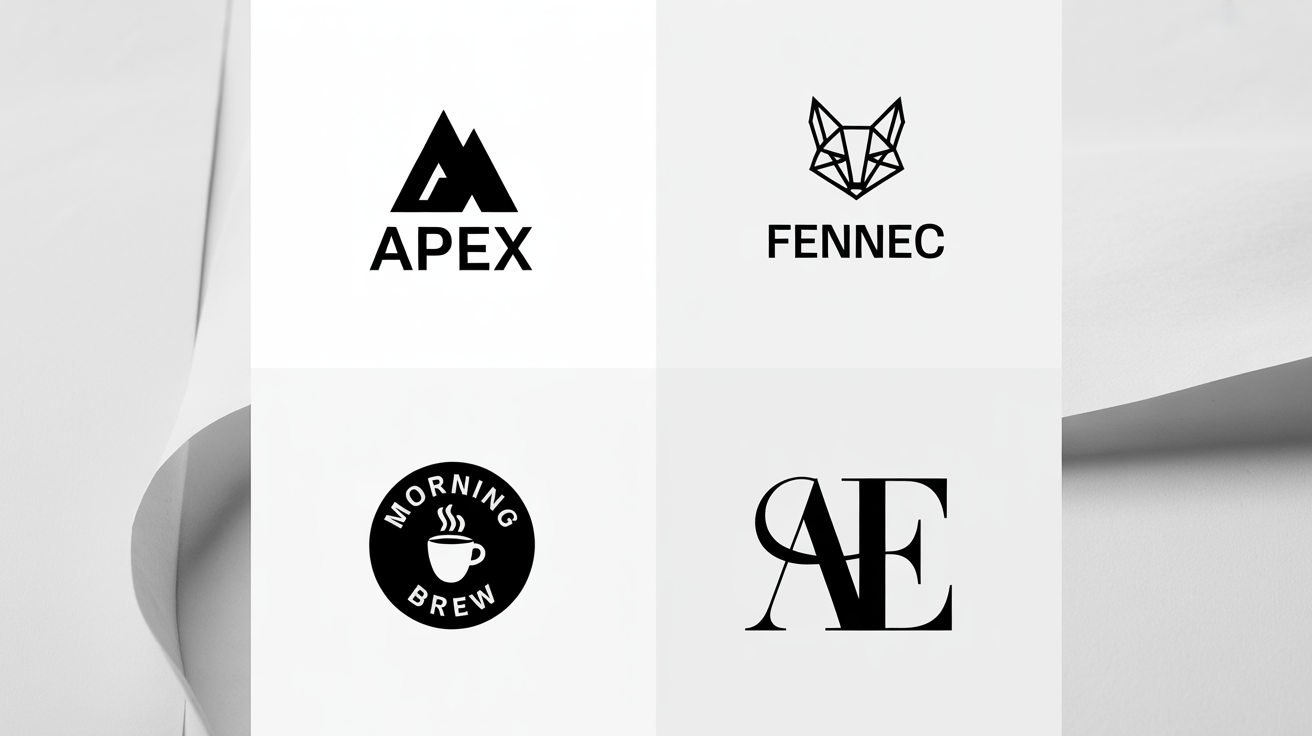 A grid of four modern monochrome logos on a white background, showcasing different design styles including a mountain, a fox, a coffee cup, and a lettermark.