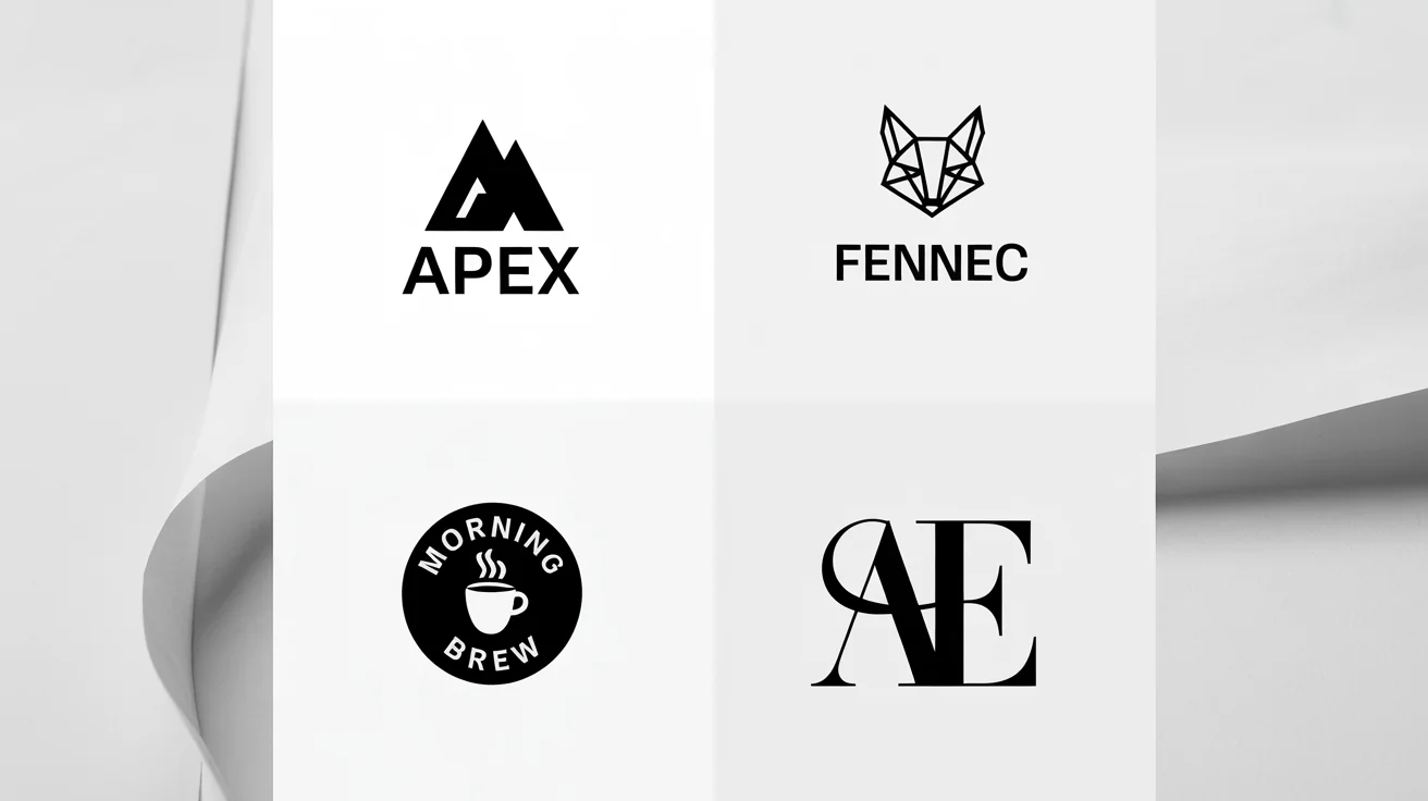 A grid of four modern monochrome logos on a white background, showcasing different design styles including a mountain, a fox, a coffee cup, and a lettermark.