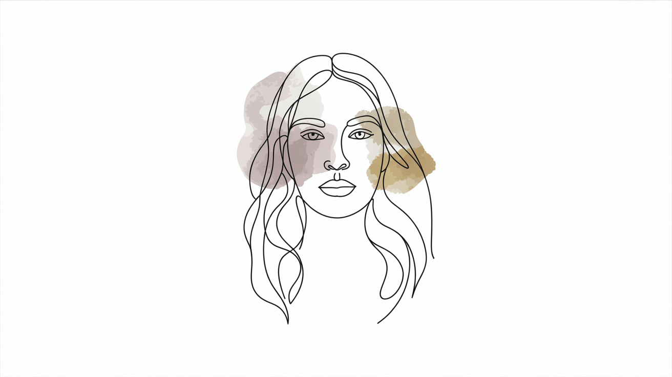 A modern art print showing a minimalist single-line drawing of a woman's face, enhanced with abstract watercolor splotches in pastel pink and beige.
