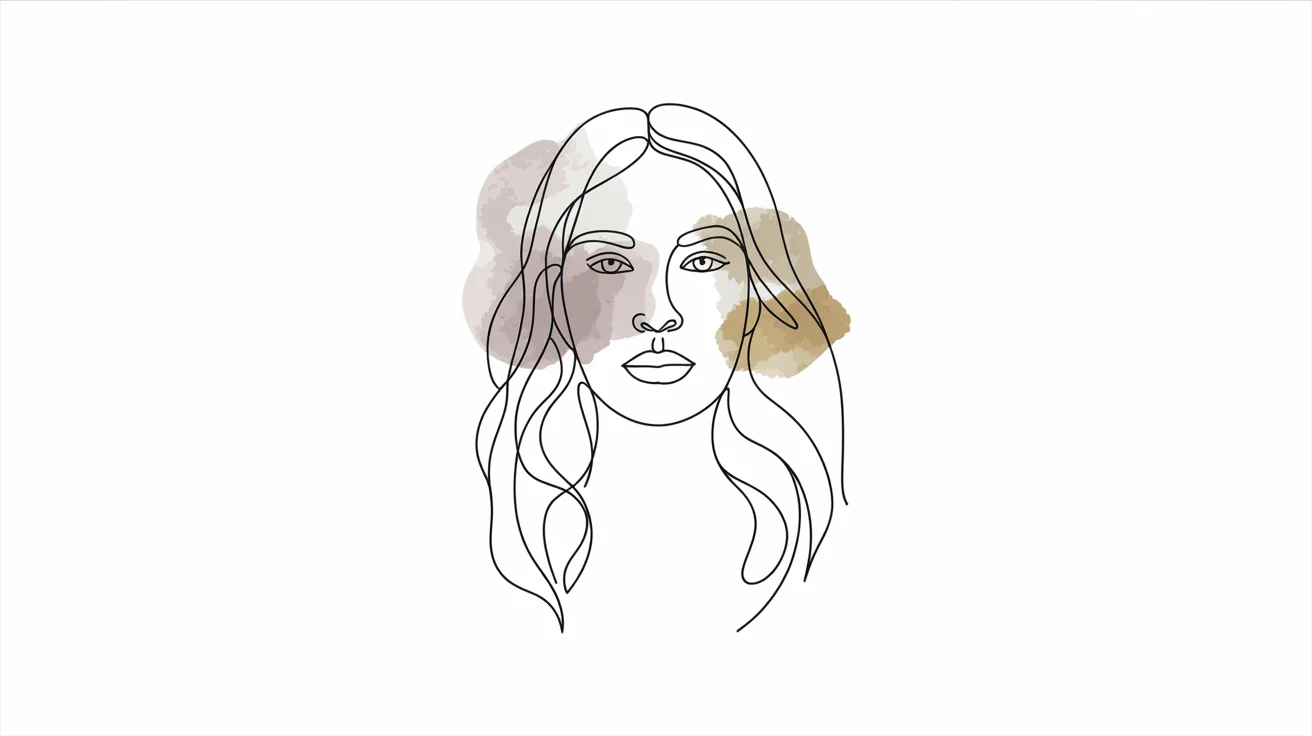 A modern art print showing a minimalist single-line drawing of a woman's face, enhanced with abstract watercolor splotches in pastel pink and beige.
