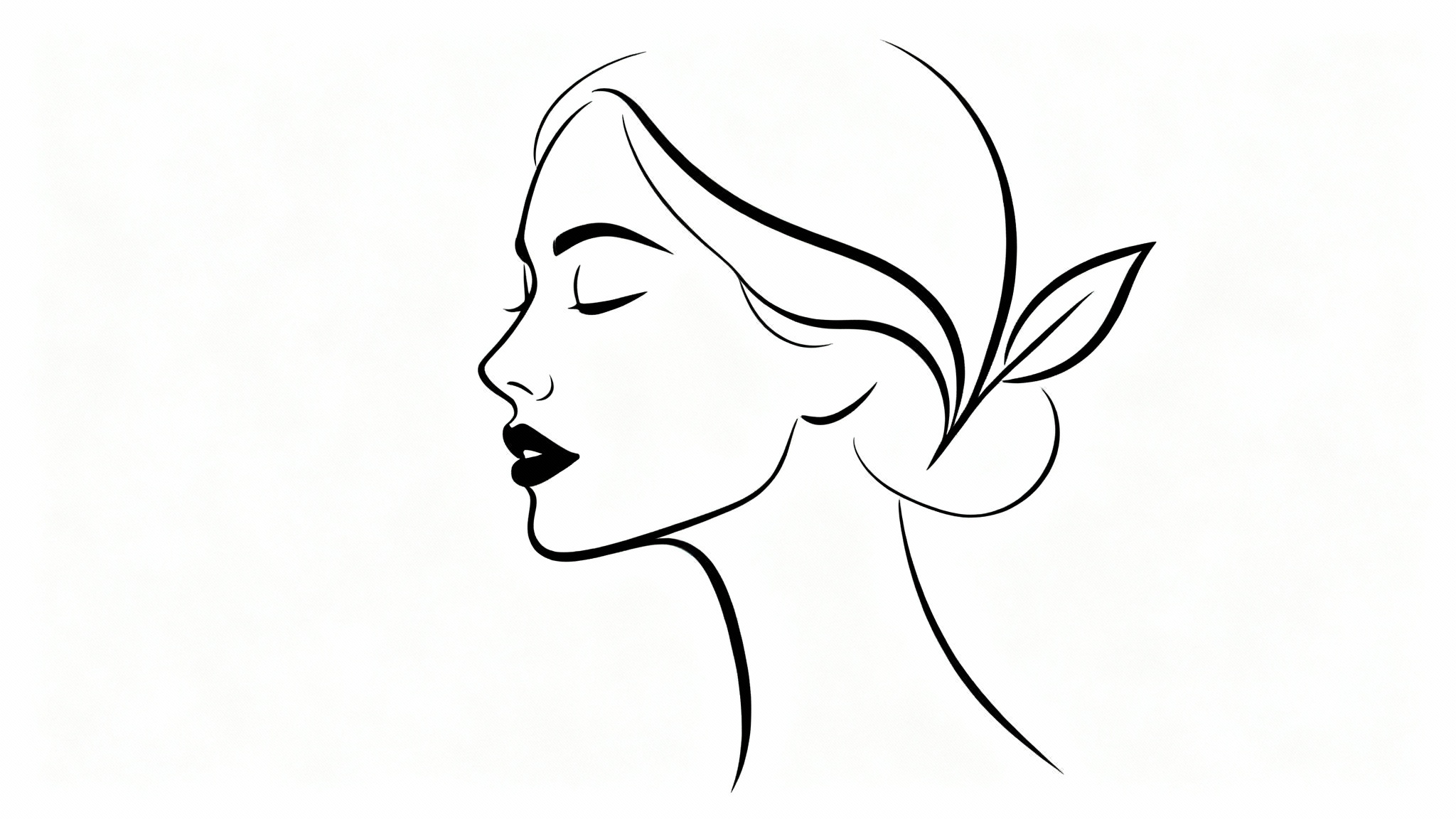 A minimalist black line art drawing of a woman's face in profile on a solid white background. The art is created with a single continuous line, giving it a clean and elegant feel.