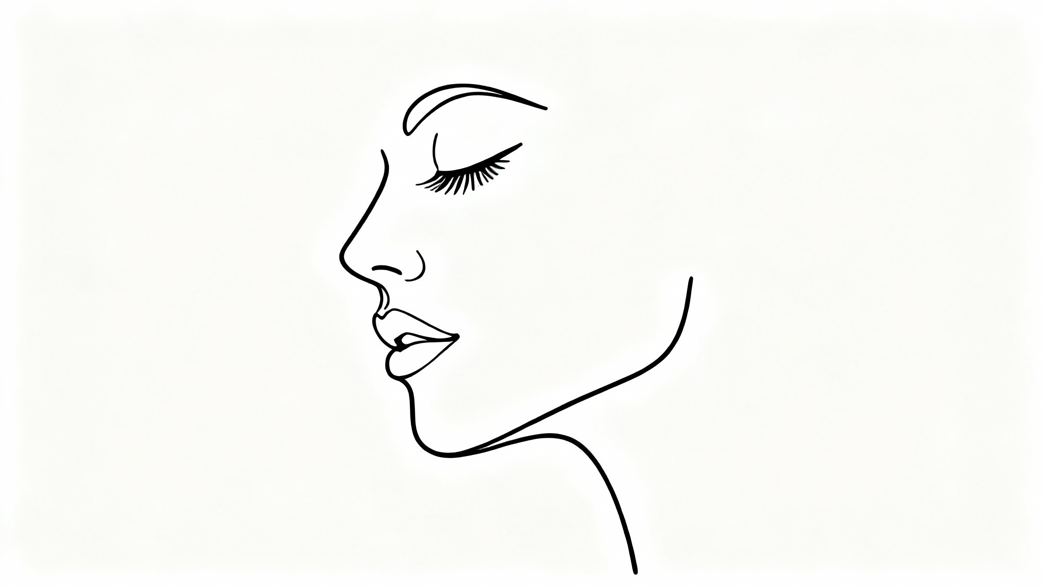 A minimalist continuous line drawing in black ink depicting a woman's face in profile against a solid white background, conveying an artistic and serene mood.