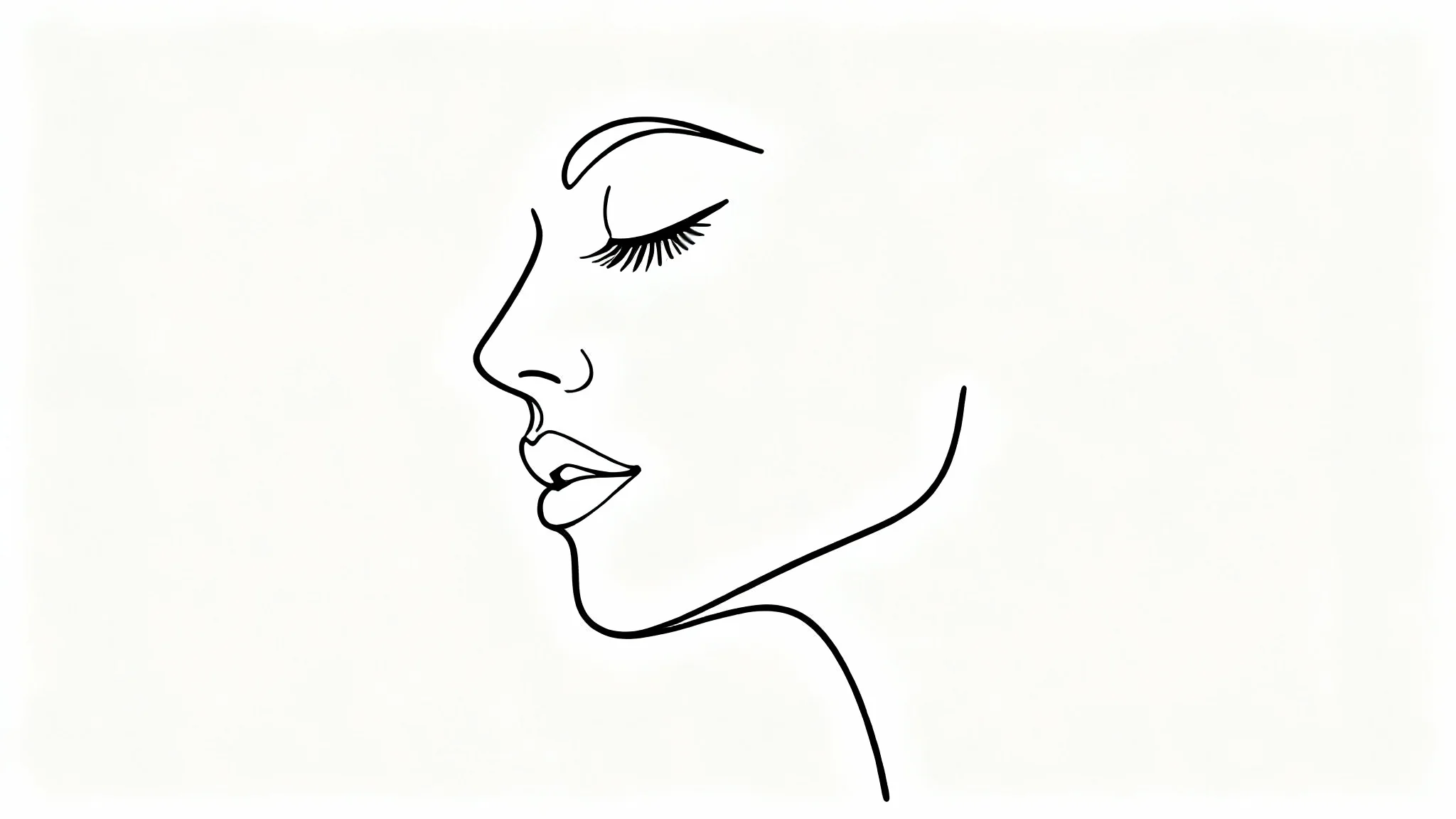A minimalist continuous line drawing in black ink depicting a woman's face in profile against a solid white background, conveying an artistic and serene mood.