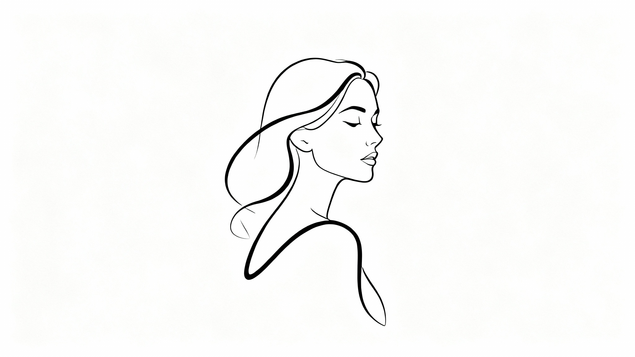 A minimalist black line art drawing of a woman's face in profile on a white background, created with a single continuous line.