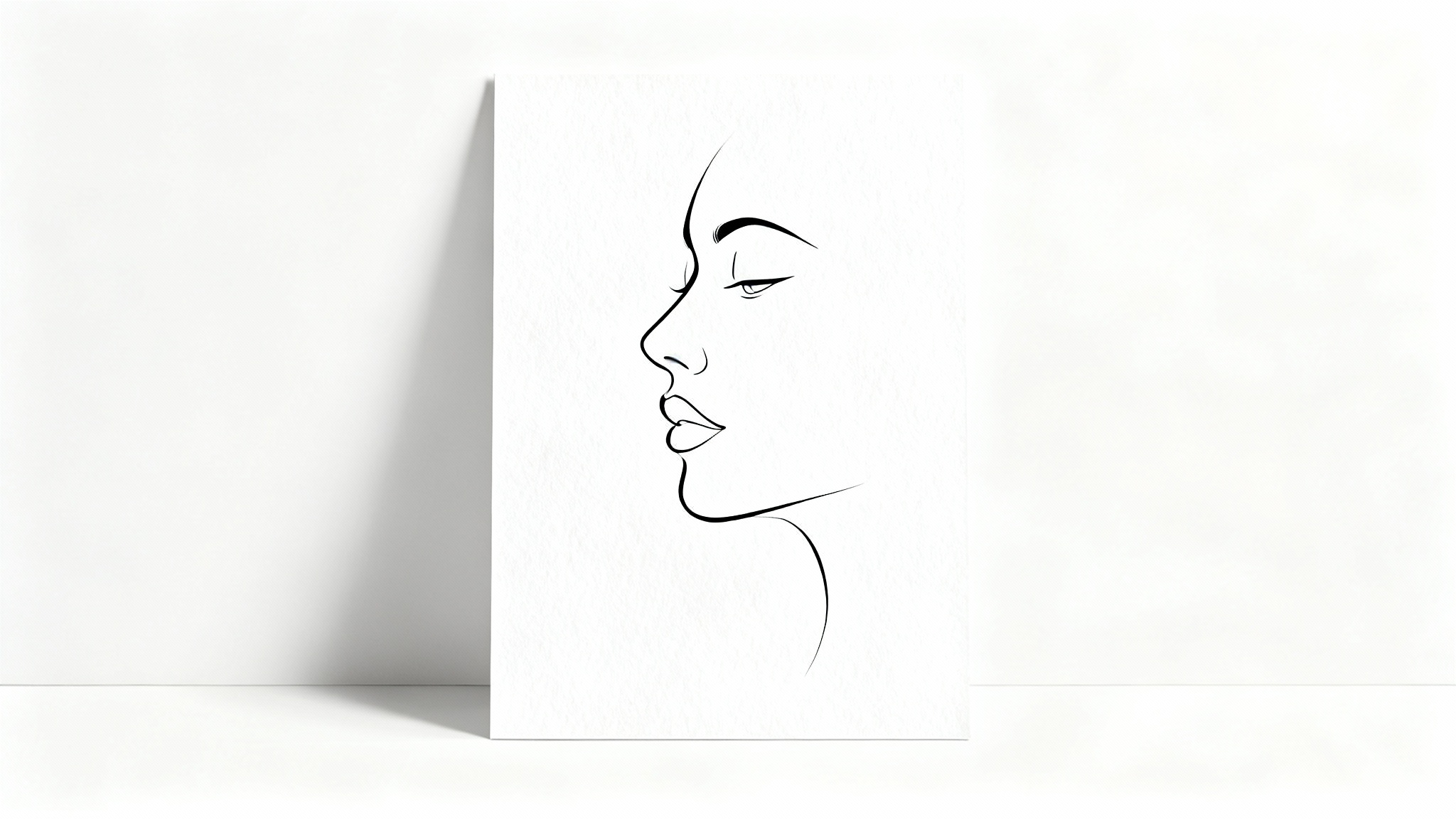A minimalist black line art drawing of a woman's face in profile, created with a single continuous line, presented as a physical artwork on a clean white background.