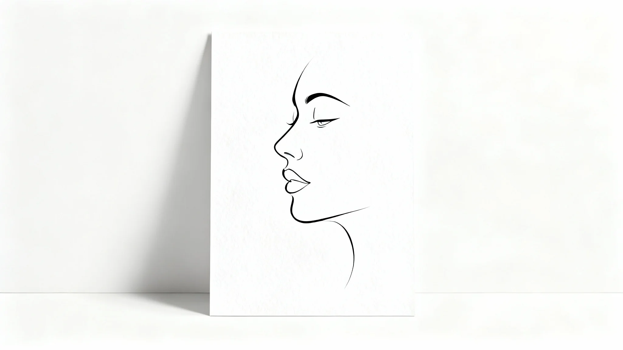 A minimalist black line art drawing of a woman's face in profile, created with a single continuous line, presented as a physical artwork on a clean white background.