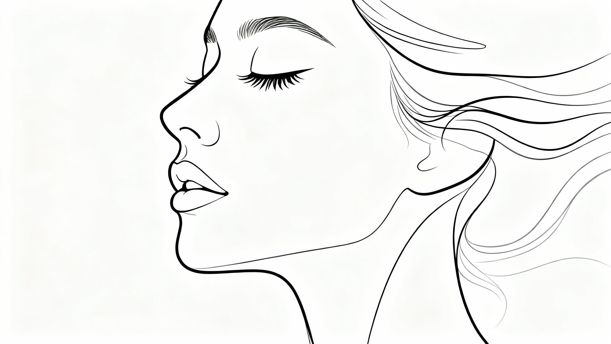A minimalist black single-line art drawing of a woman's face in profile against a clean white background, showcasing an elegant and modern artistic style.
