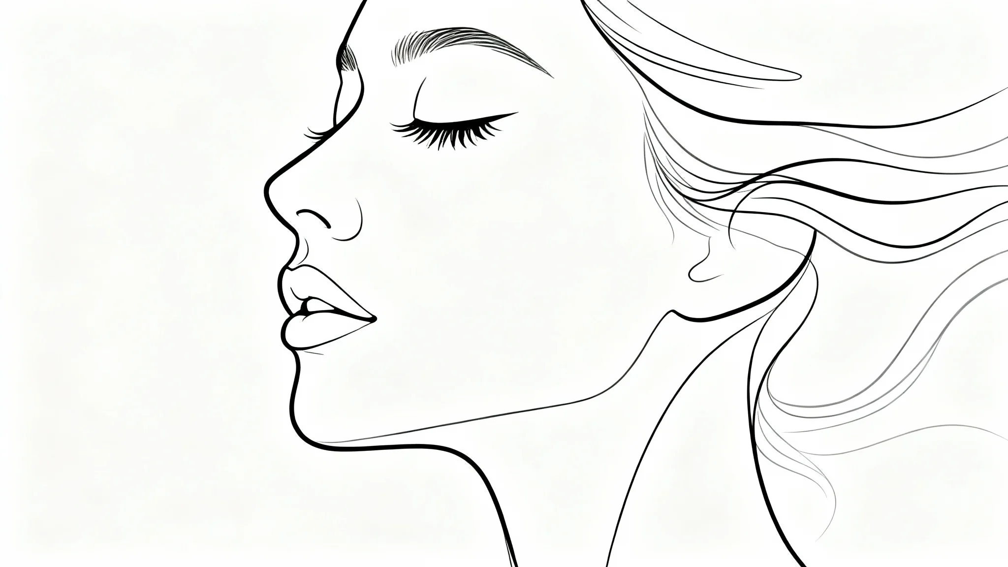 A minimalist black single-line art drawing of a woman's face in profile against a clean white background, showcasing an elegant and modern artistic style.