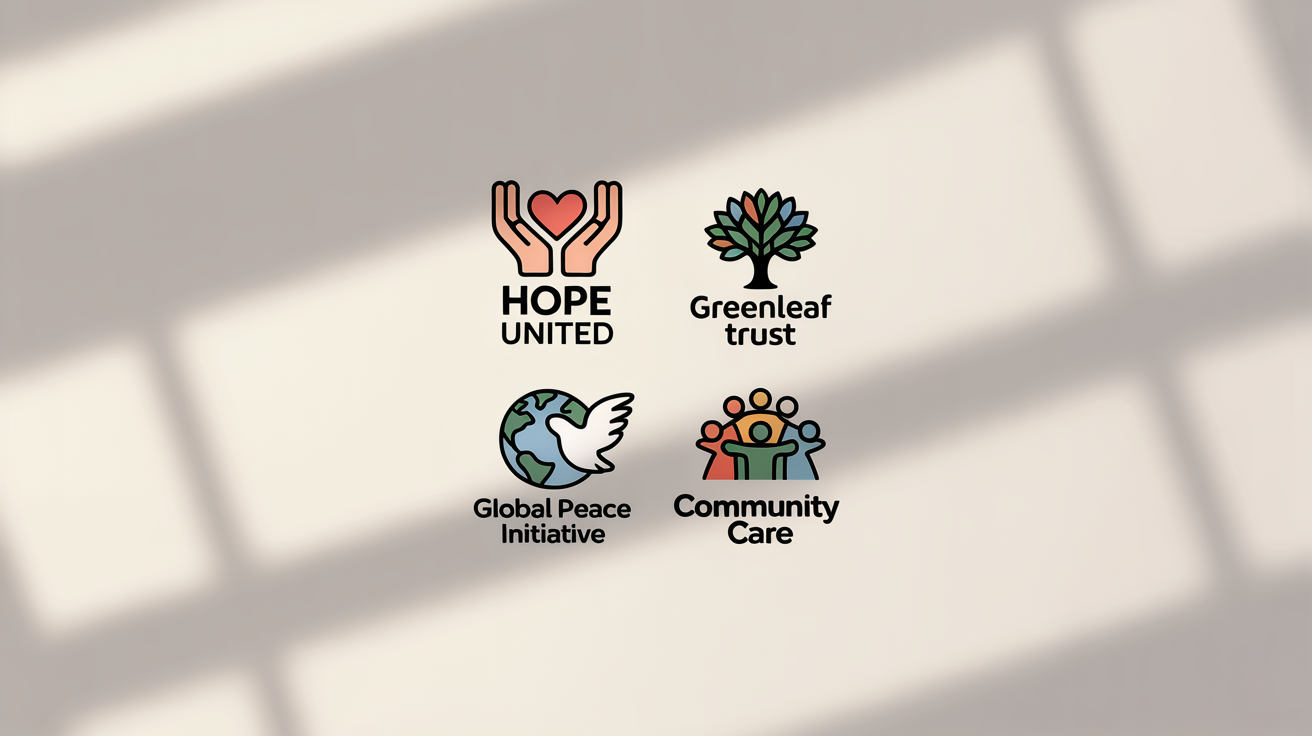 A collection of four professionally designed charity logos, featuring symbols like a heart, a tree, a globe, and community figures, showcasing final logo designs.