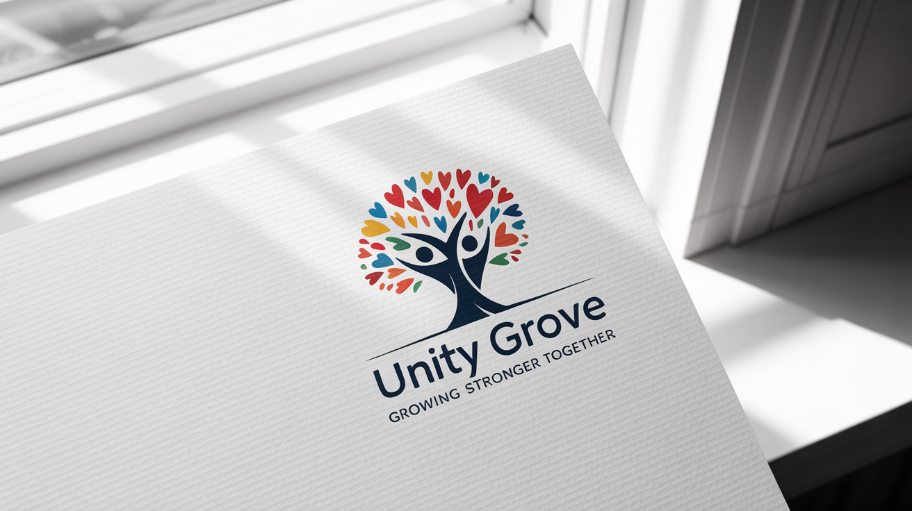 A mockup of a charity logo for 'Unity Grove' featuring a tree made of two figures holding hands, with colorful heart-shaped leaves, displayed on white paper.