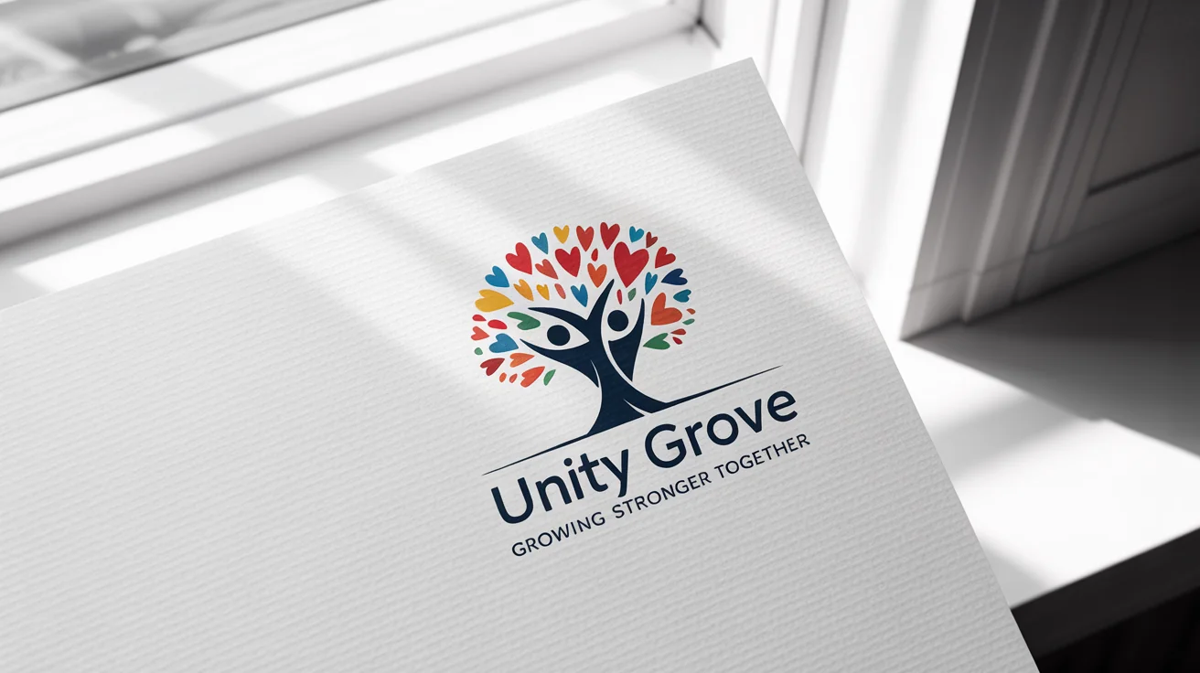 A mockup of a charity logo for 'Unity Grove' featuring a tree made of two figures holding hands, with colorful heart-shaped leaves, displayed on white paper.