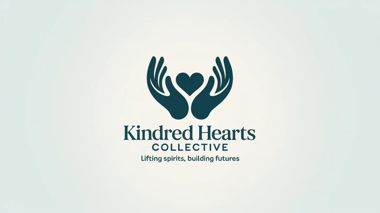 A professional mockup of a charity logo for the 'Kindred Hearts Collective,' featuring two hands forming a heart, with the tagline 'Lifting Spirits, Building Futures' on a clean white background.