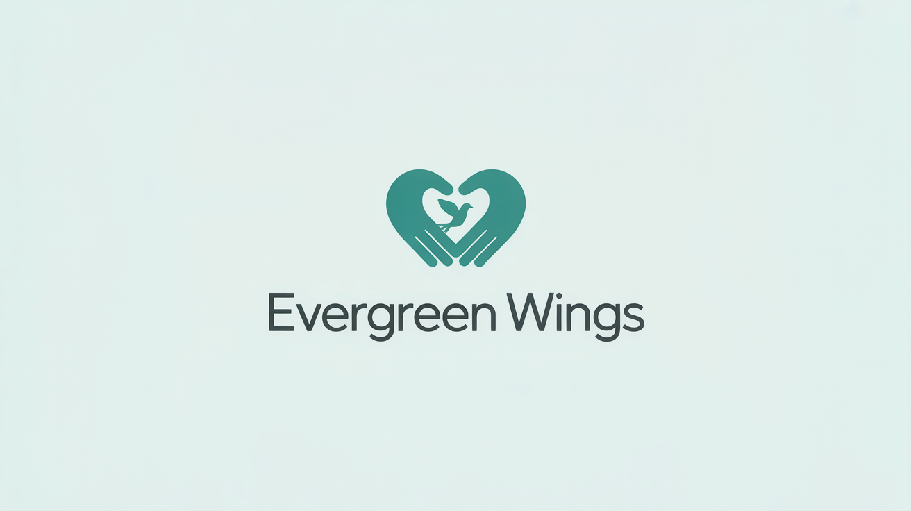 A professional mockup of a charity logo for 'Evergreen Wings' featuring two hands forming a heart shape around a dove, on a clean white background.
