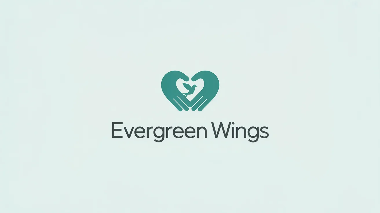A professional mockup of a charity logo for 'Evergreen Wings' featuring two hands forming a heart shape around a dove, on a clean white background.