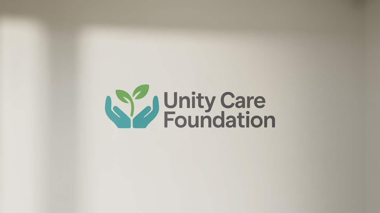 A mockup of a modern charity logo for the 'Unity Care Foundation'. The logo shows two teal-colored hands forming a heart, with a green sprout growing from the center, set against a white background.