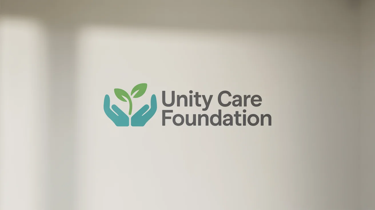 A mockup of a modern charity logo for the 'Unity Care Foundation'. The logo shows two teal-colored hands forming a heart, with a green sprout growing from the center, set against a white background.
