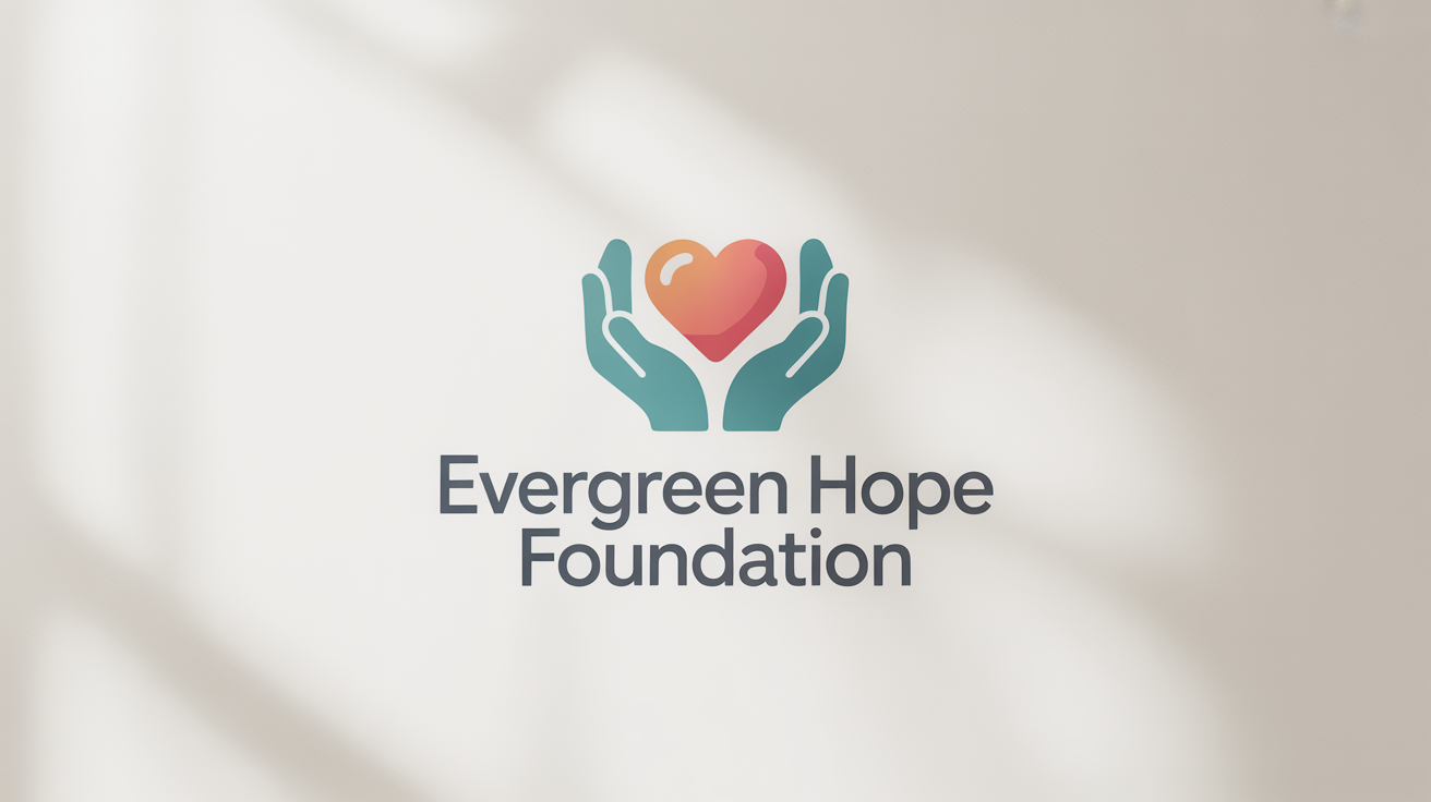 A professional mockup of a charity logo for the 'Evergreen Hope Foundation', featuring teal cupped hands holding a red heart on a clean white background.