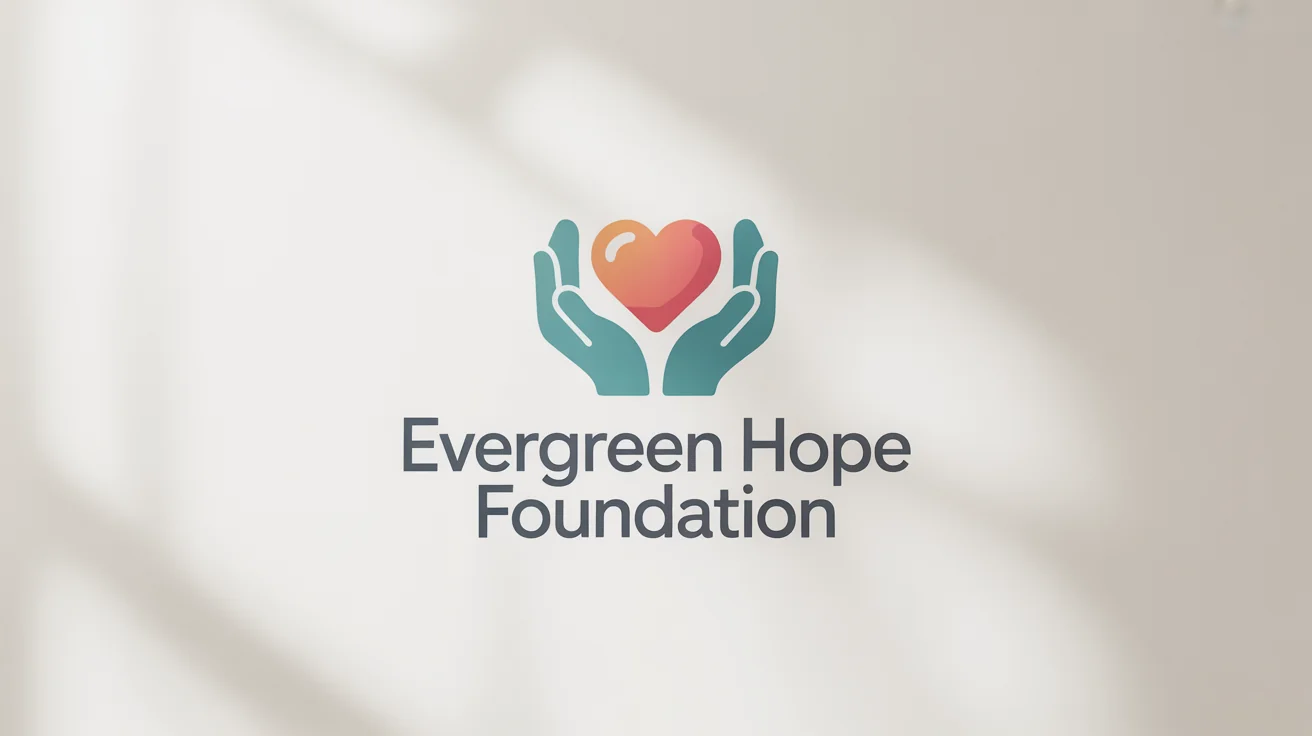 A professional mockup of a charity logo for the 'Evergreen Hope Foundation', featuring teal cupped hands holding a red heart on a clean white background.