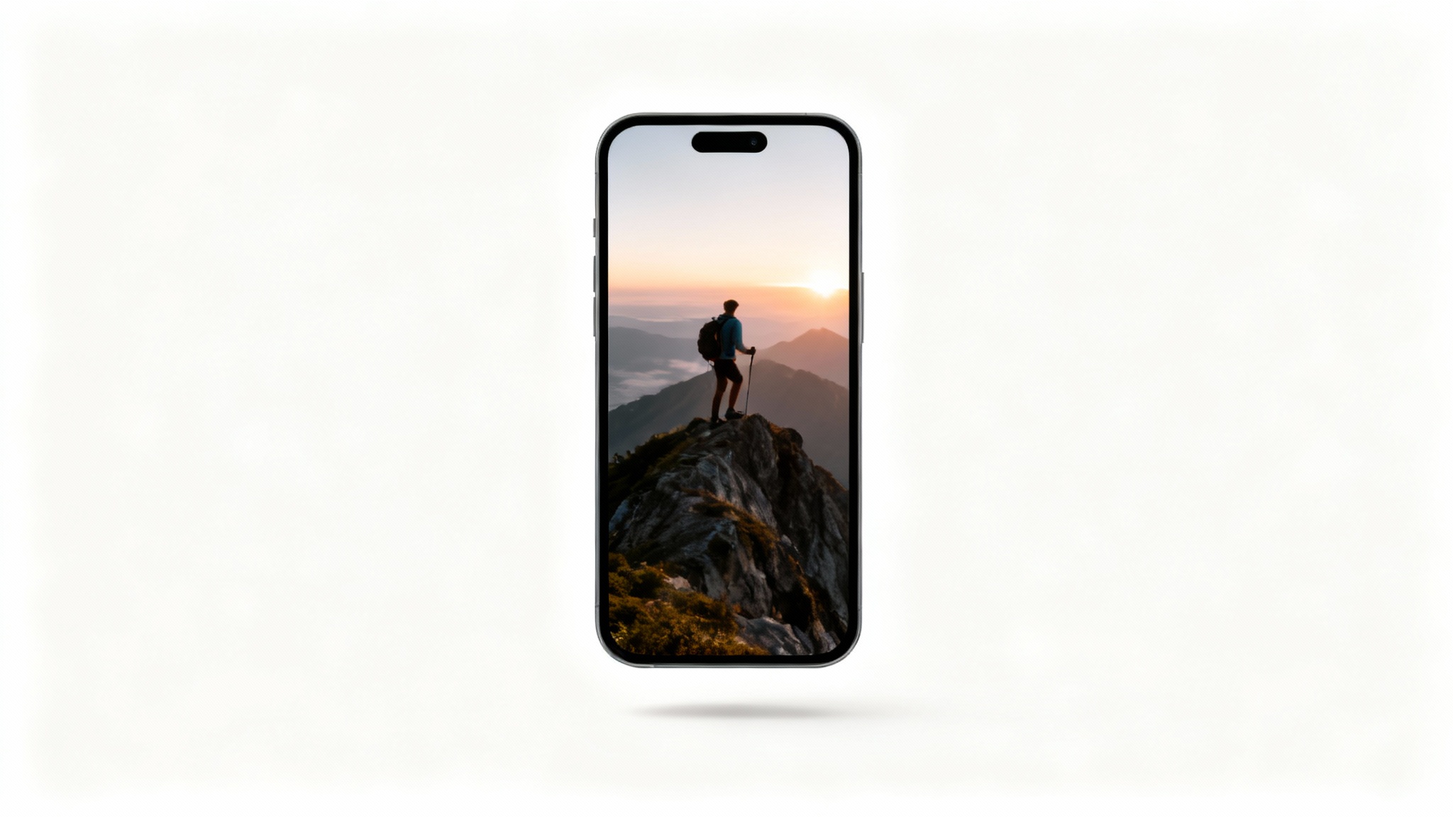 A sleek smartphone shown against a white background, displaying a vertically cropped travel video of a person on a mountaintop, demonstrating the final output of a video cropping tool.
