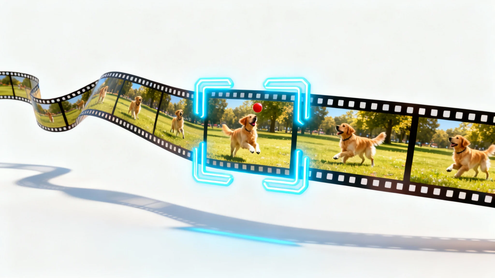 A 3D film strip twists against a white background, with glowing blue crop marks highlighting a central frame of a dog catching a ball, visually representing video cropping.
